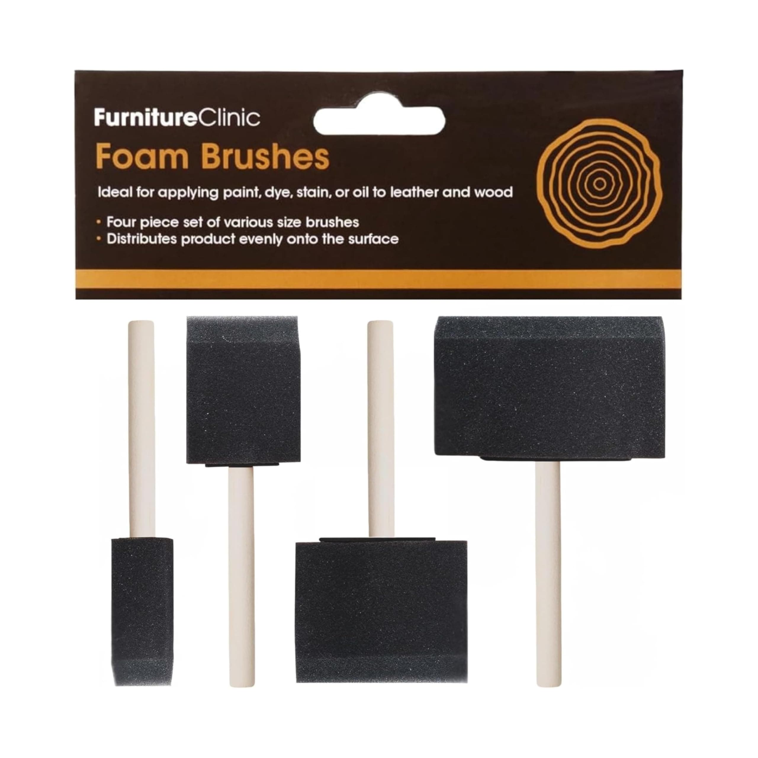 Furniture Clinic Foam Brushes for Applying Dye, Paint, Stain, Varnish and Oil to Wood. Perfect for Arts, Crafts, Cleaning and More. Four Piece Set.