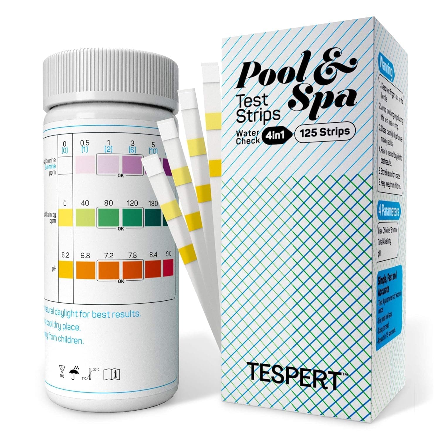 Pool Test Strips: 4 Way 125 Strips Pool Test Kit Testing for Hot Tub and Spa, Quick and Accurate Test Free Chlorine, pH, Bromine, Total Alkalinity, TESPERT