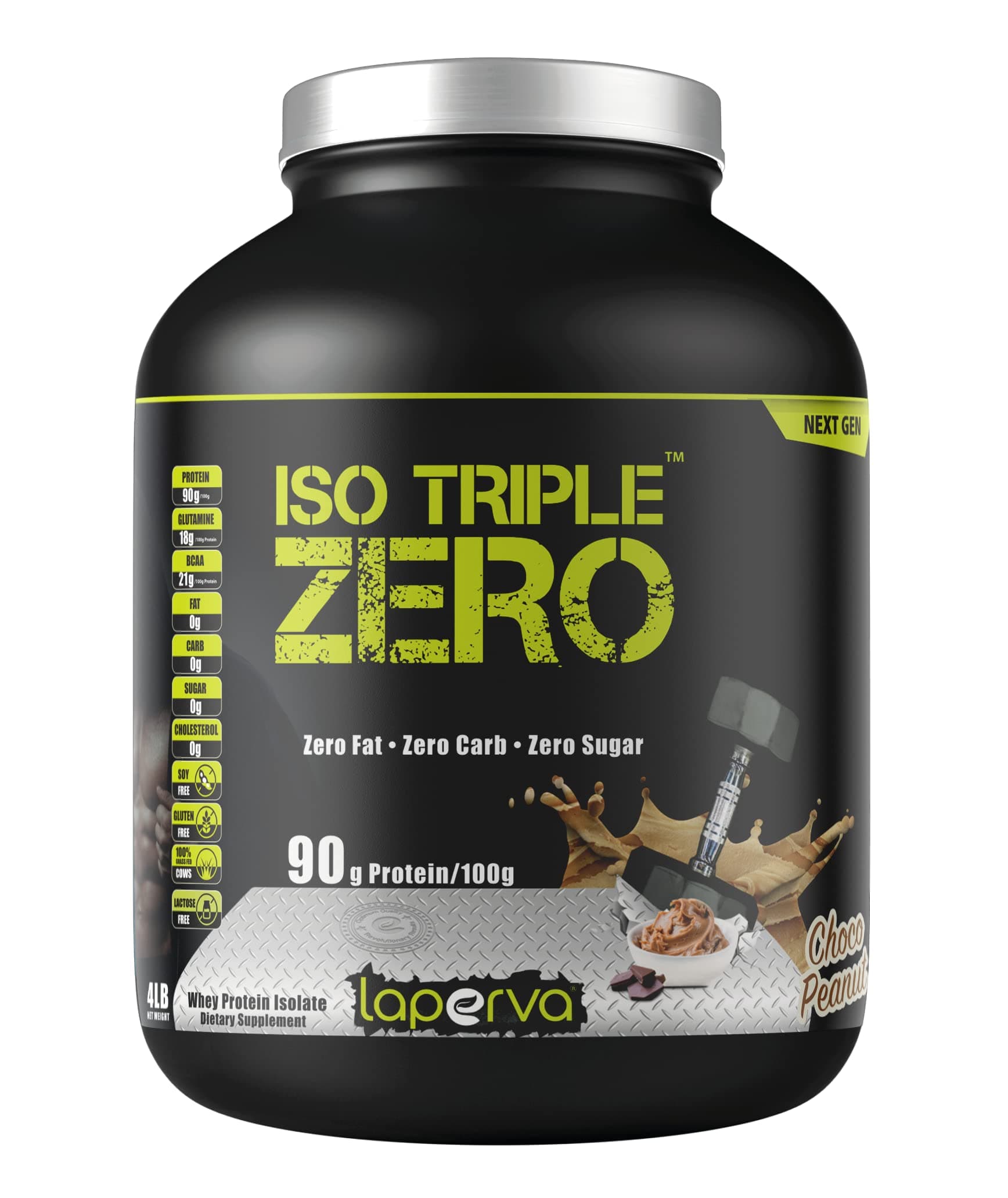 Laperva ISO Triple Zero Whey Protein Isolate – Over 27g Protein, Zero Carb, Zero Sugar, Zero Fat – BCAA-Rich, Fast Absorption, Soy-Free, Halal-Certified (4lb - 72 Servings) (Choco Peanut)