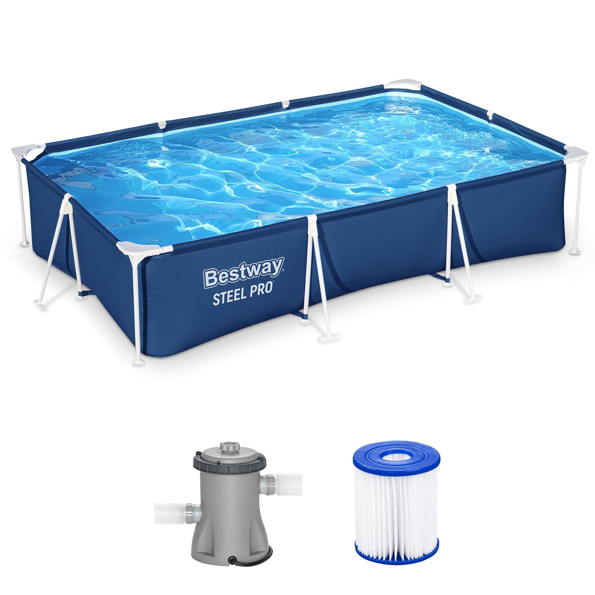 Bestway Steel Pro Rectangular Steel Frame Above Ground Outdoor Backyard Swimming Pool Set with 330 GPH Filter Pump 259X170X61Cm 2300L-26-56403NM,