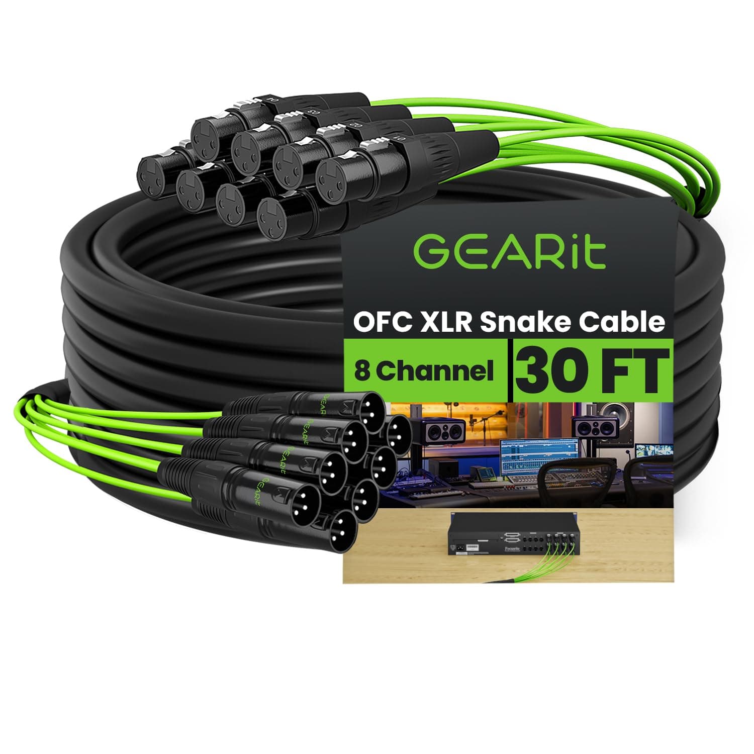 GEARit 8-Channel XLR Snake Cable (30 ft) - 100% Oxygen-Free Copper Snake Wire, Channel Labels, Metal XLR Connectors for Pro Audio - 30 Feet