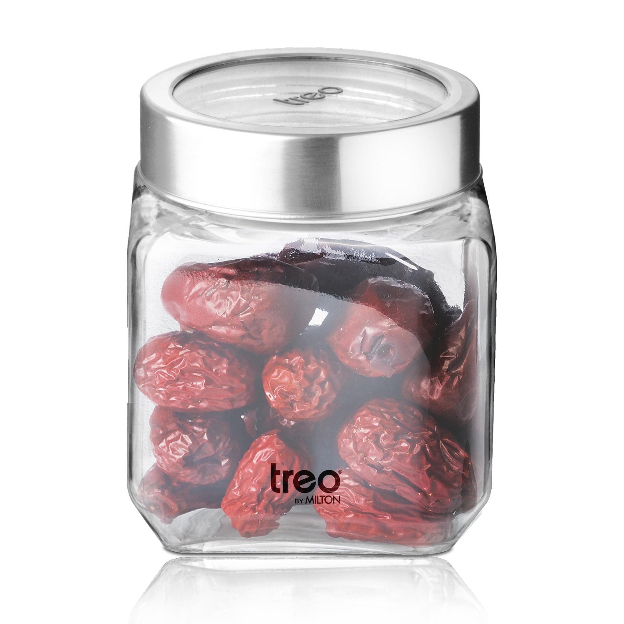 - Treo by Milton Cube Storage Containers, 1 Piece, Glass Jar with Air Tight Steel Lid, 580 ml each, Transparent Jars for snacks, Pulses, Masala, Pickles, Cereals, Cookies, Dry Food