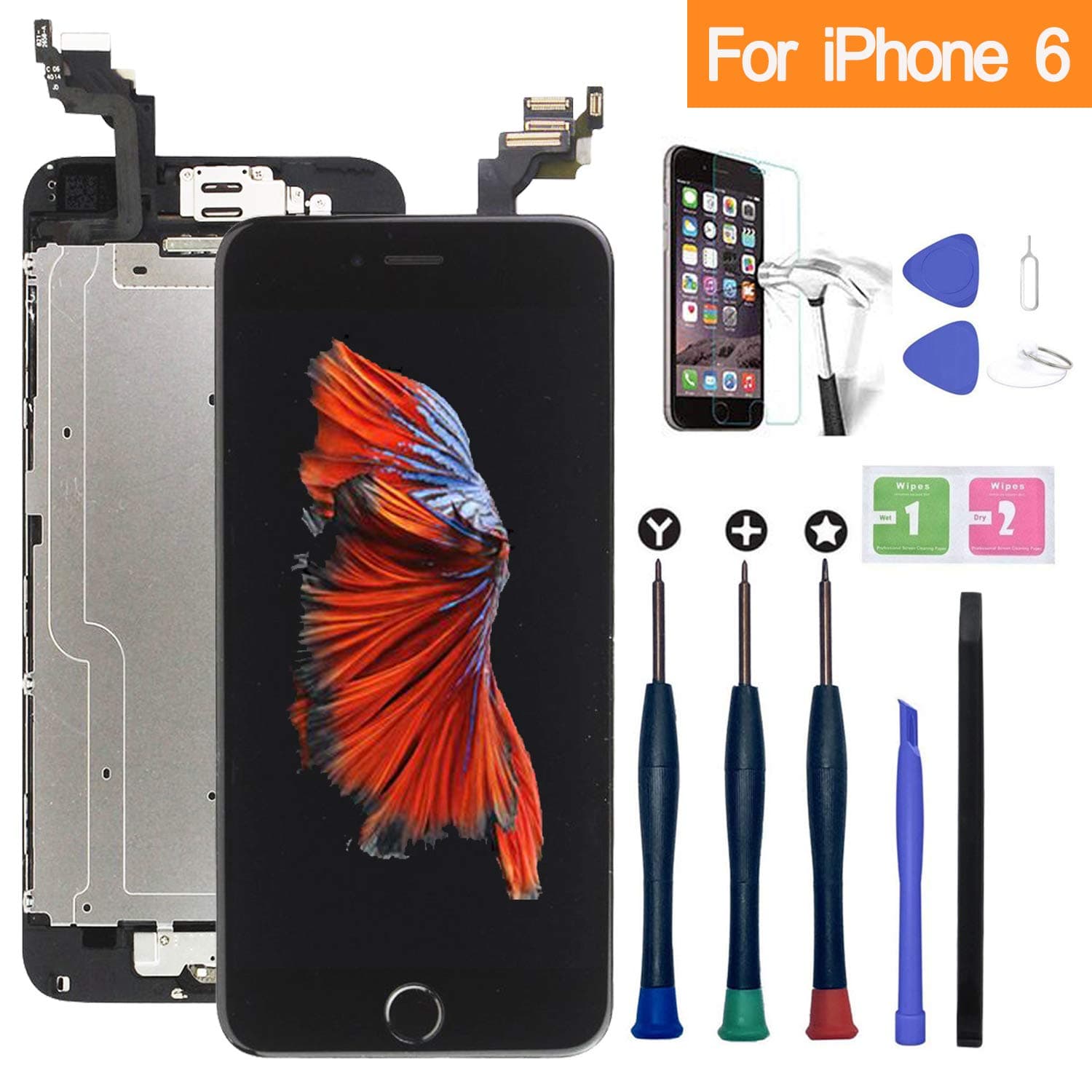 Xlhama LCD Touch Screen for iPhone 6 Black 4.7 "Assembled with Home Button, Proximity Sensor, Earpiece, Front Camera and Repair Kit Full Assembly Repair