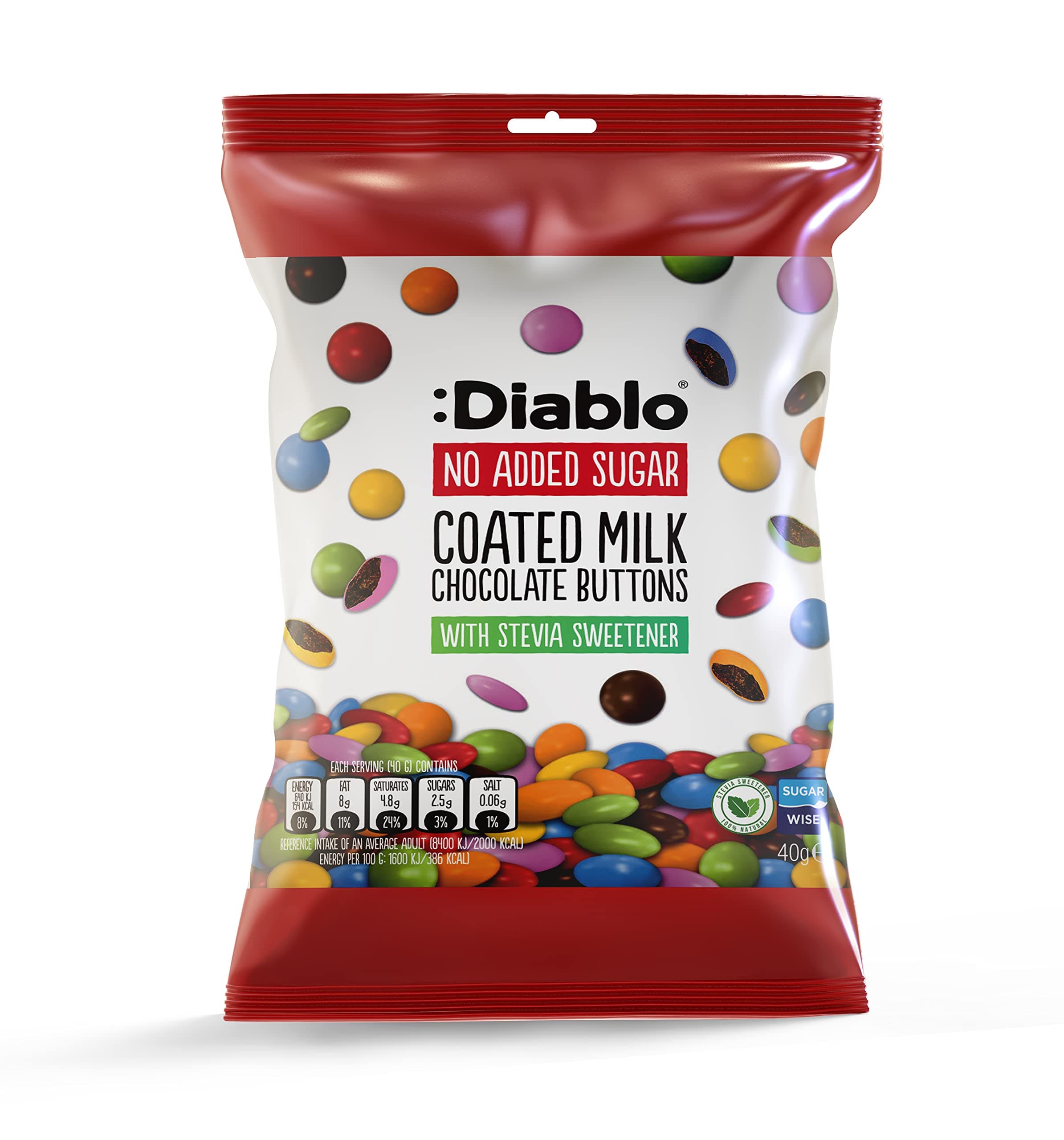 Diablo Chocolate Candy Coated Buttons - No Sugar Added, Bite Size Colorful Shell Coating - Sweetened with Stevia, Perfect for Gifting Chocolates - 40g, Milk Chocolate, Pack of 1