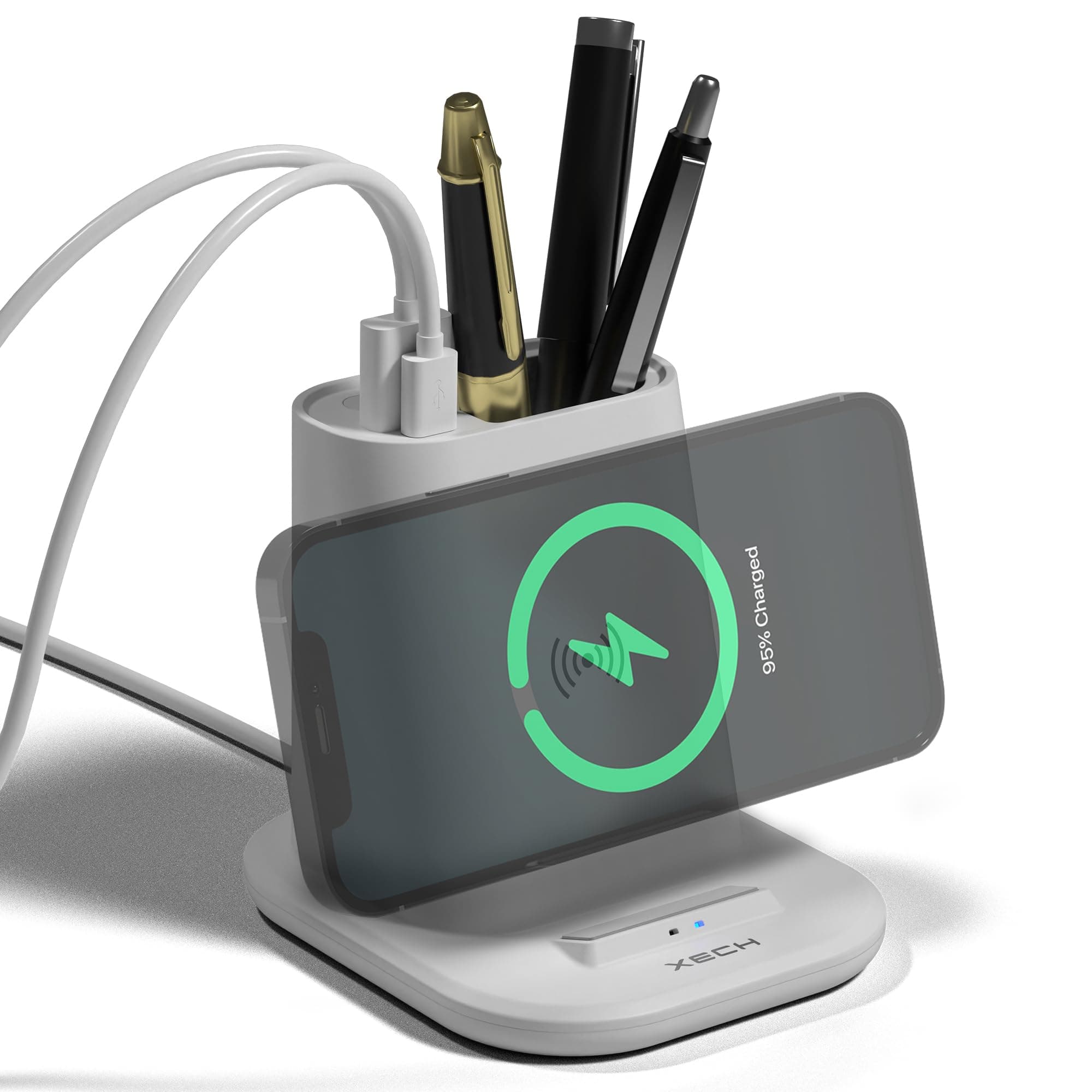 XECH Pen Stand with Wireless Charger | 15W Fast Wireless Charging Pad with USB-A & Type-C Output Ports | Stationery Holder | Birthday Gift for Girlfriend Boyfriend Men & Women (Quest)