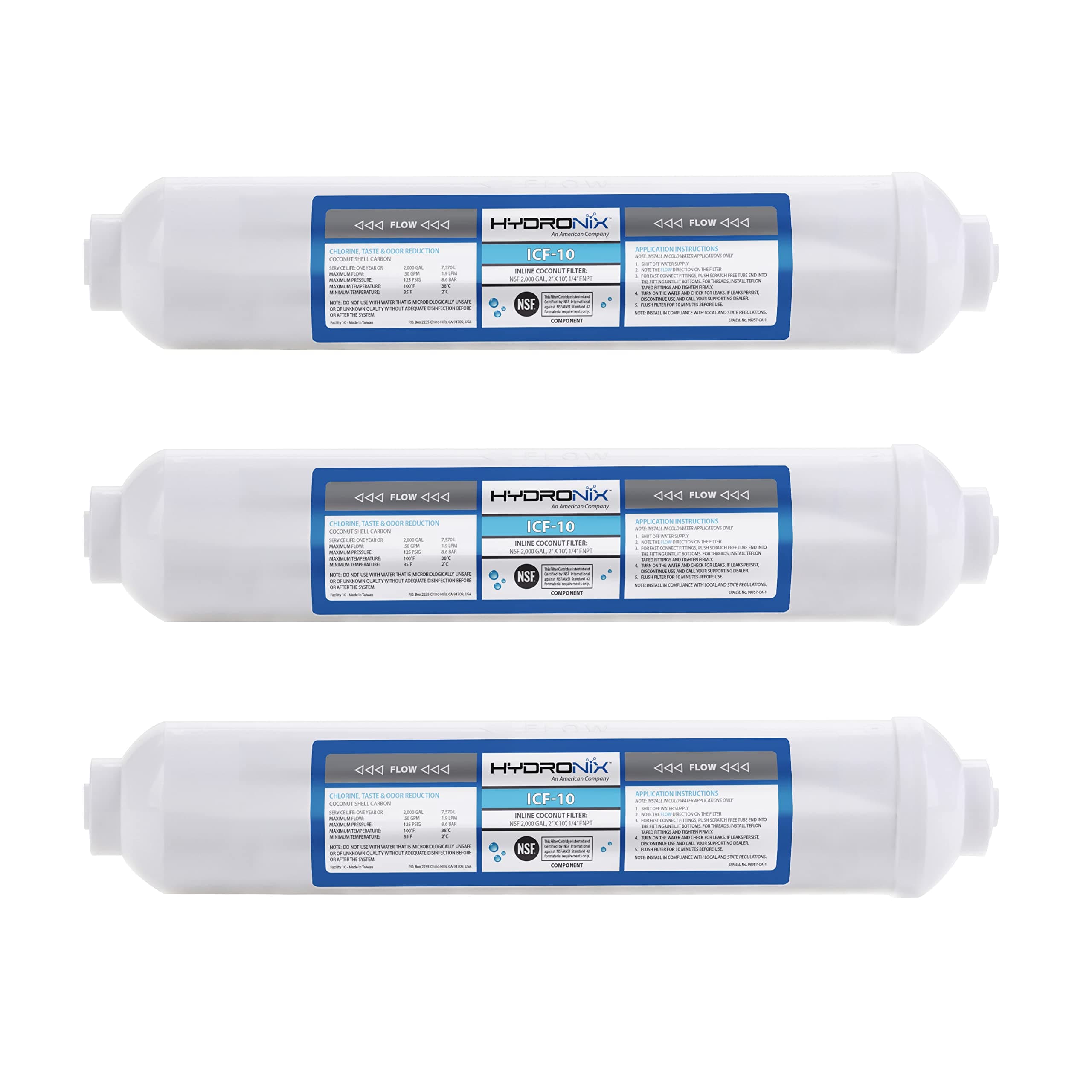 ICF-10 Inline Post Activated Carbon Water Filter Replacement Cartridge with 1/4-Inch NPT for Refrigerator, Ice Maker, RO Reverse Osmosis System, 2000 Gallons - 1 Year Capacity (3 Pack)