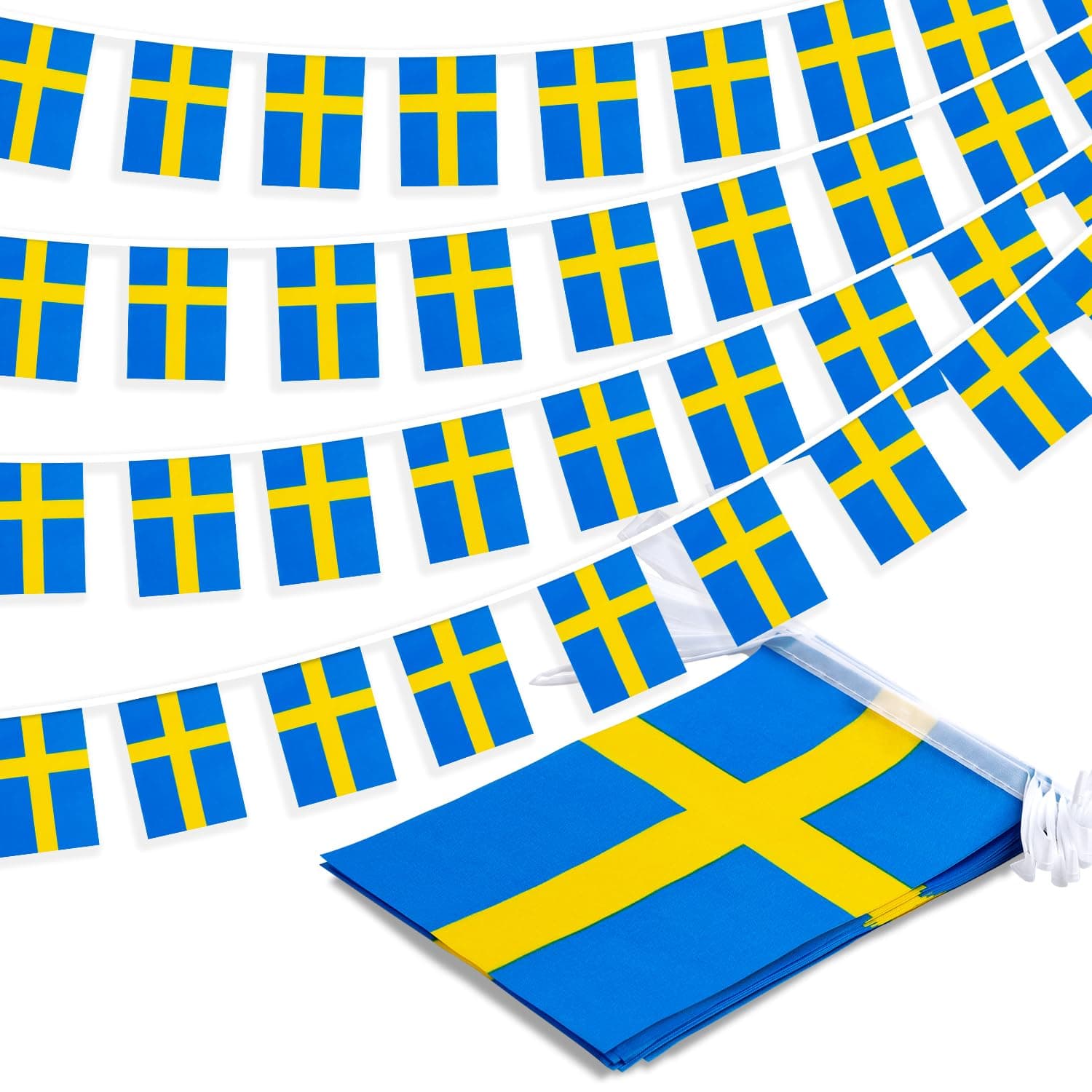 MVPRING Sweden String Flag Pennant Banner, Small Mini Swedish Flags Bunting Banner, National Country Decoration for School, Party, Sports Events, 33 Feet 30 Flags