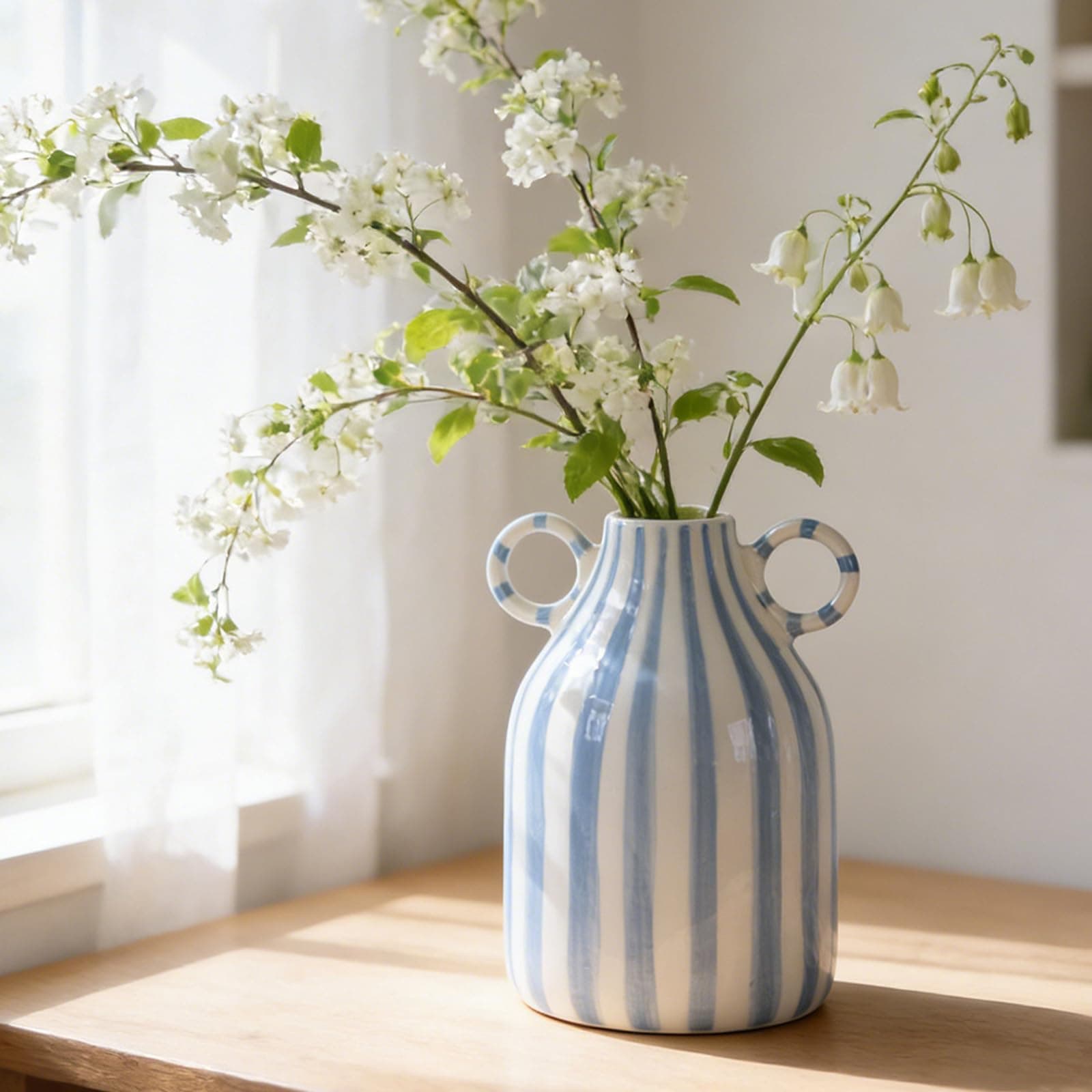 Ceramic Blue and White Striped Vase with Handle, Modern Minimalist Coastal Decor Home for Centerpieces for Tables, Kitchen Office, Bookshelf, Bedroom Aesthetic Decor (A)