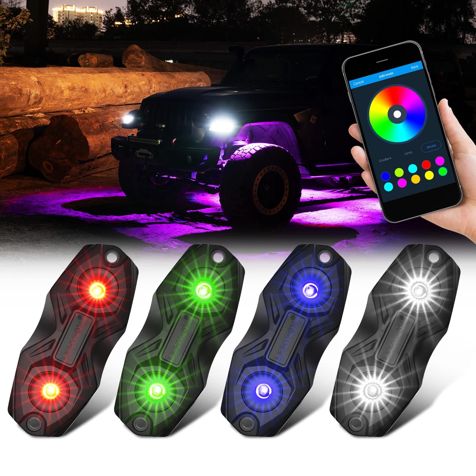 RGBW LED Rock Lights with Phone App Control,Bluetooth Remote Controller-LIGHTFOX Multicolor Underglow Neon Kit Wheel Lighting with 5 Pin Connector Wiring Built-in Fuse for Off-Road 4WD,IP68 (4 Pods)