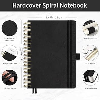 EMSHOI Spiral Notebook College Ruled, Large B5 300 Numbered Pages Leather Hardcover Lined Journal with Ruler, PVC Pocket, Pen Holder & Bookmark, for Work School Writing, 7.48"x10.15", Black