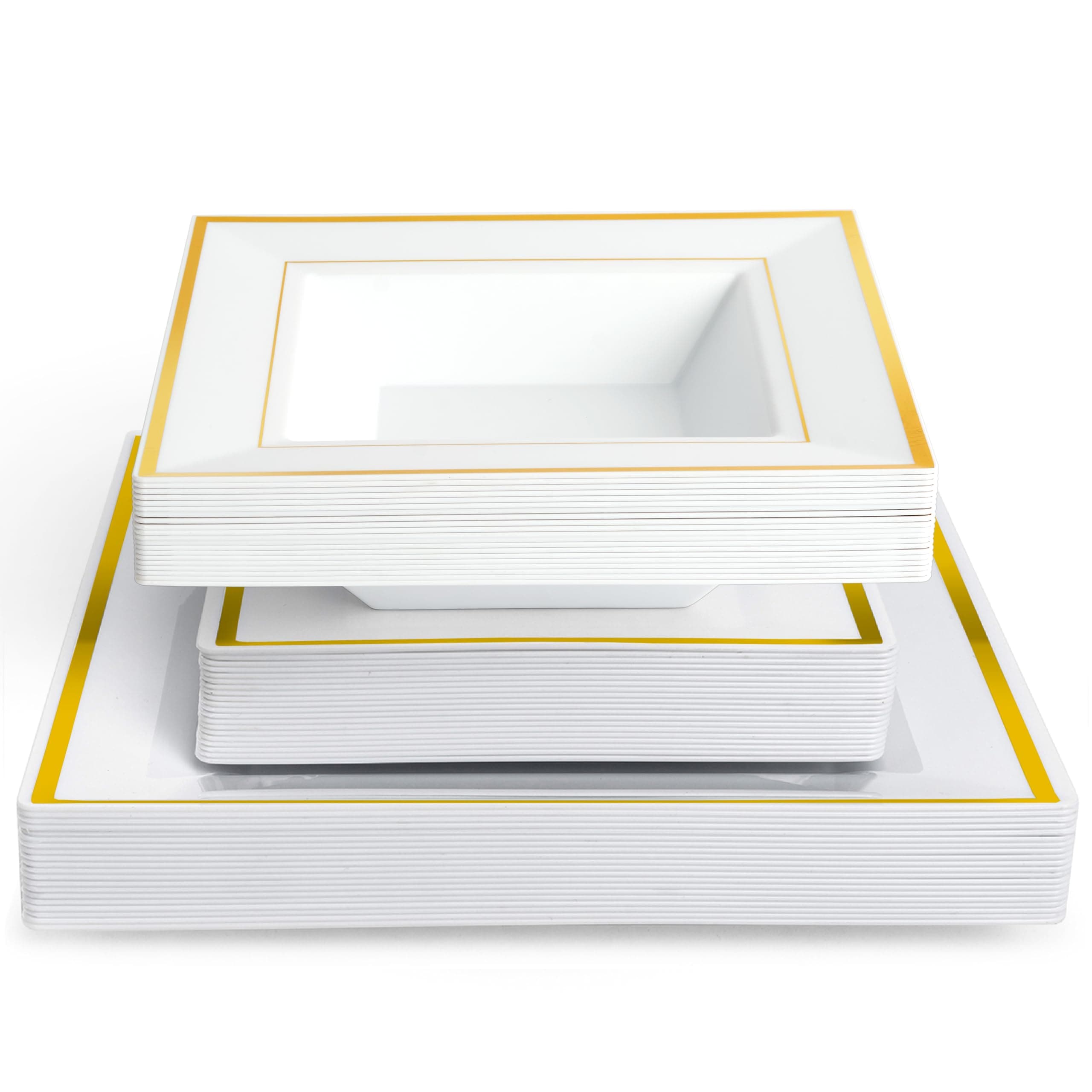 MATANA 120-Piece Reusable White Plastic Dinnerware Set with Gold Rim – 40 Dinner Plates, 40 Dessert Plates & 40 Bowls – Elegant Square Tableware for Weddings, Birthdays, Parties & Events