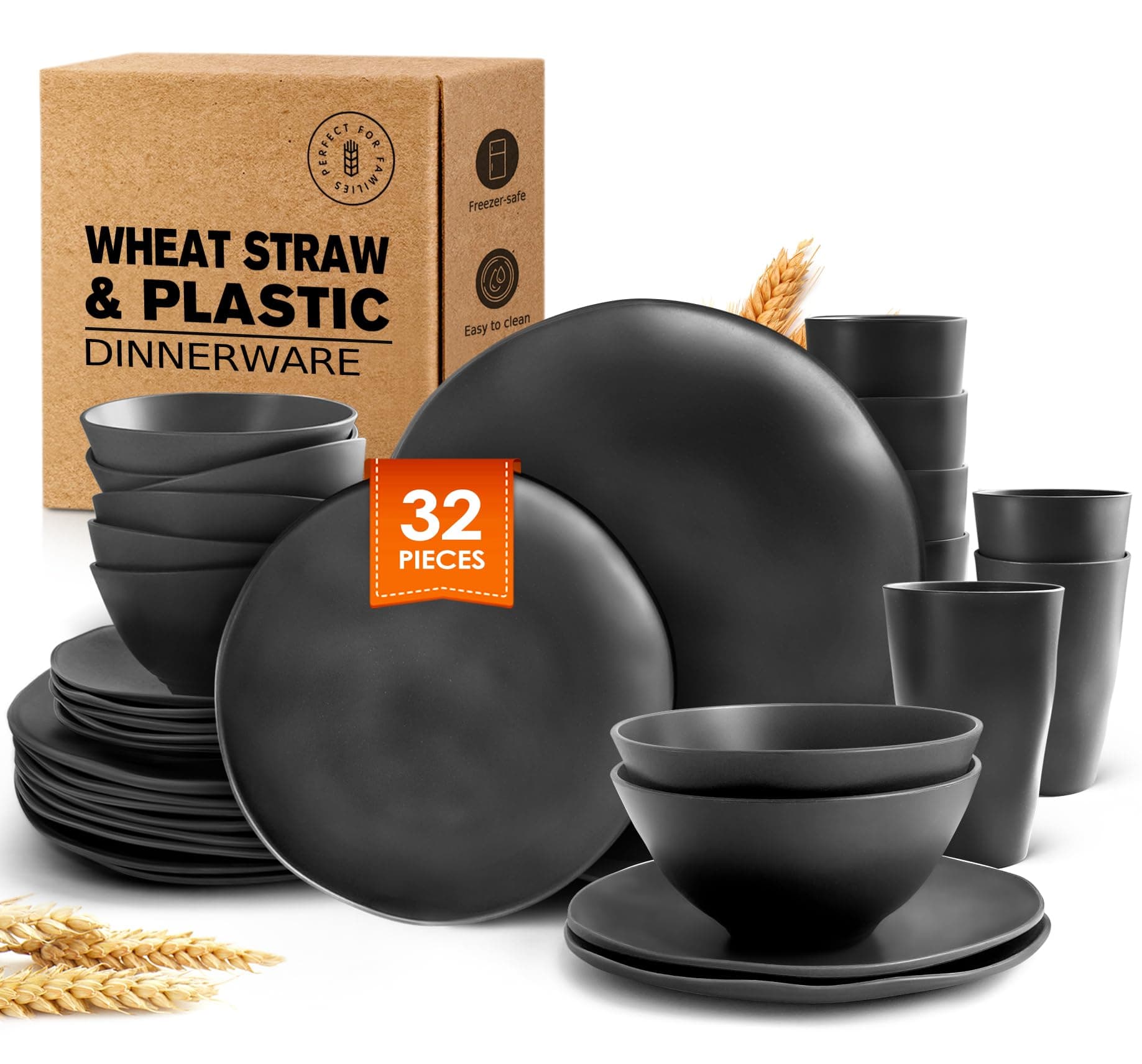 Teivio 32-Piece Kitchen Plastic Wheat Straw Dinnerware Set, Service for 8, Dinner Plates, Dessert Plate, Cereal Bowls, Cups, Unbreakable Plastic Outdoor Camping Dishes, Black Matte
