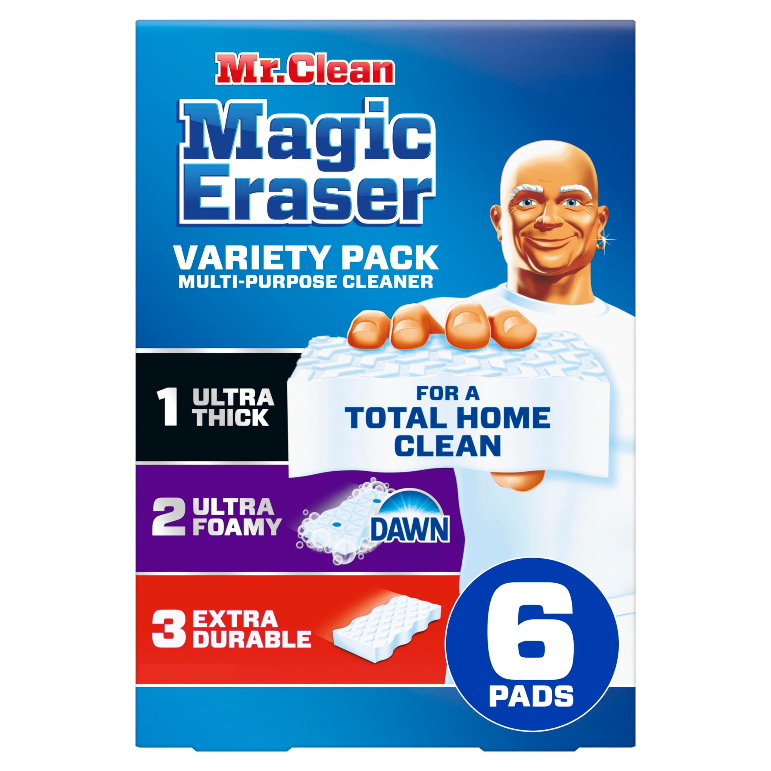 Mr. Clean Magic Eraser Sponge, All Purpose Cleaner, Cleaning Scrubber, Kitchen, Bathroom, Shower, Oven, Cleaning Supplies, Variety Pack with 1 Ultra Thick, 2 Ultra Foamy, & 3 Extra Durable, 6ct