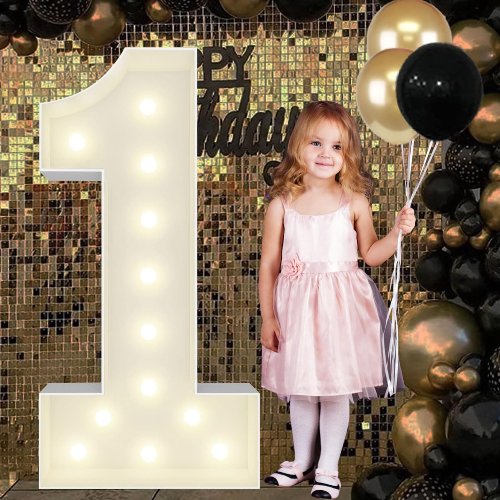 4FT Marquee Light Up Numbers Pre-Cut Frame Giant Marquee Numbers 1, Mosaic Numbers for Balloons, First 1st 21st Birthday Anniversary Decorations Party Decor