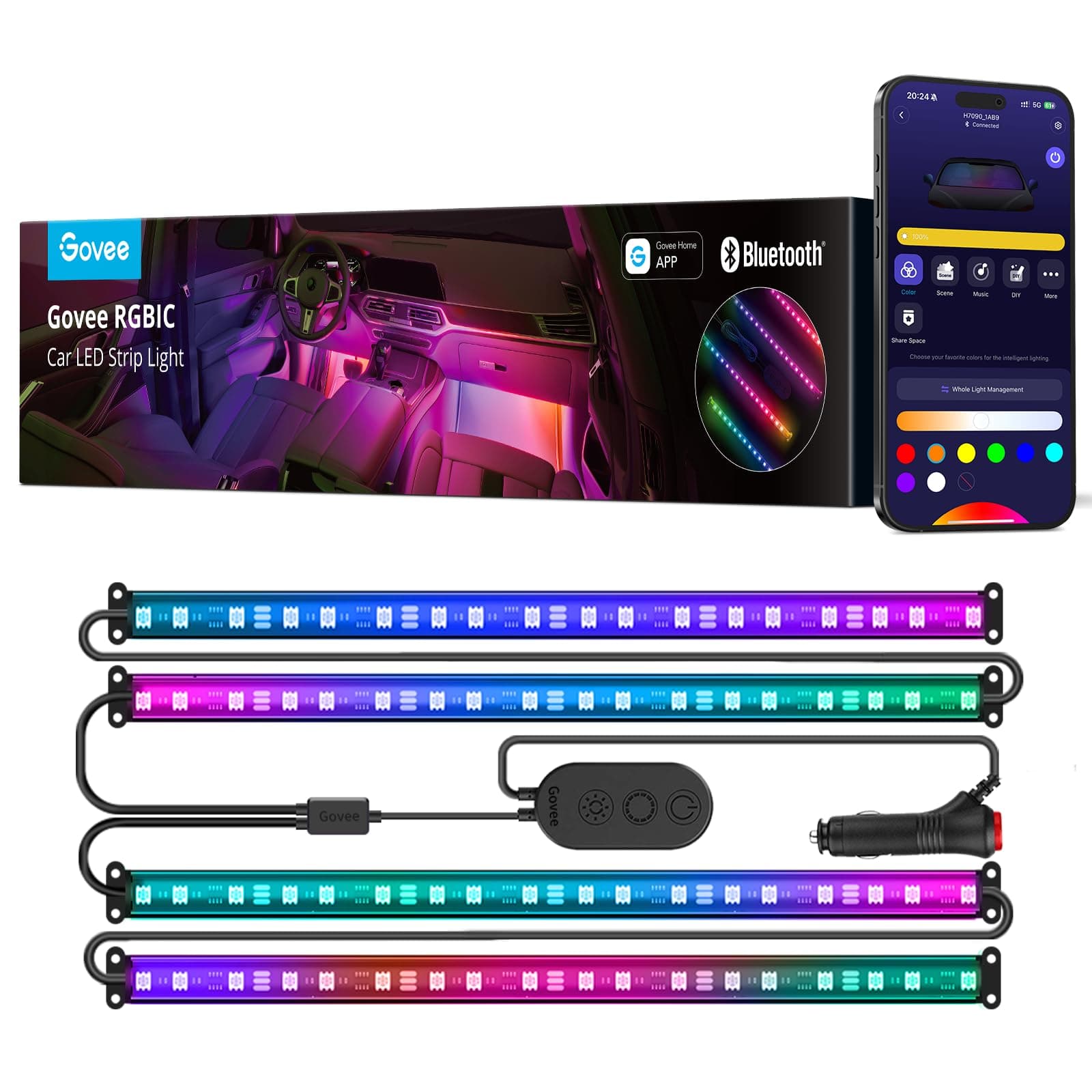 Govee RGBIC Interior Car Lights with App Control, Segmented Colour, 2-Line Design Lighting Kit, DIY Effects, Music and 30 Scene Modes for Cars