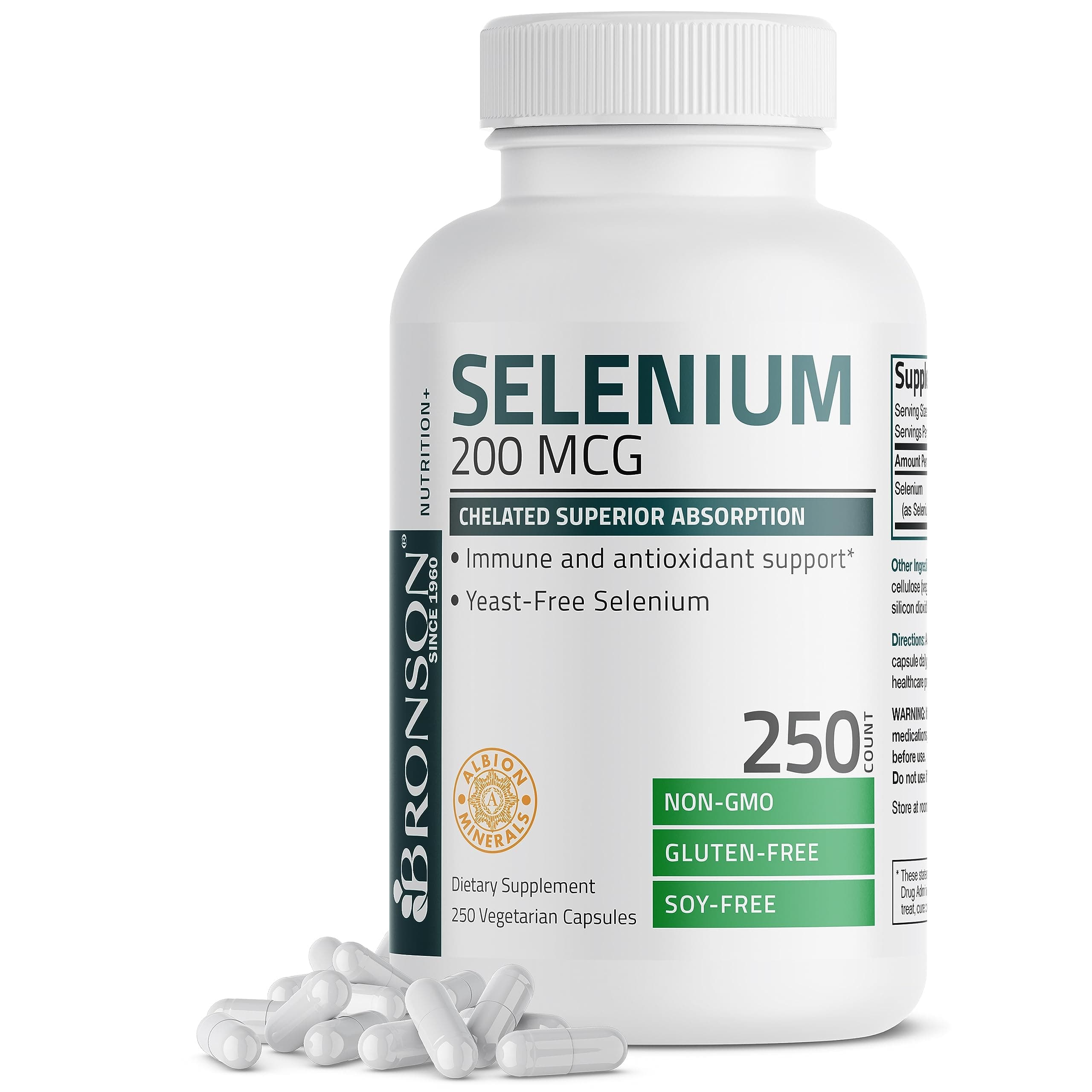 Bronson Selenium 200 Mcg for Thyroid, Prostate and Heart Health - Essential Trace Mineral with Superior Absorption, Non-GMO, 250 Capsules
