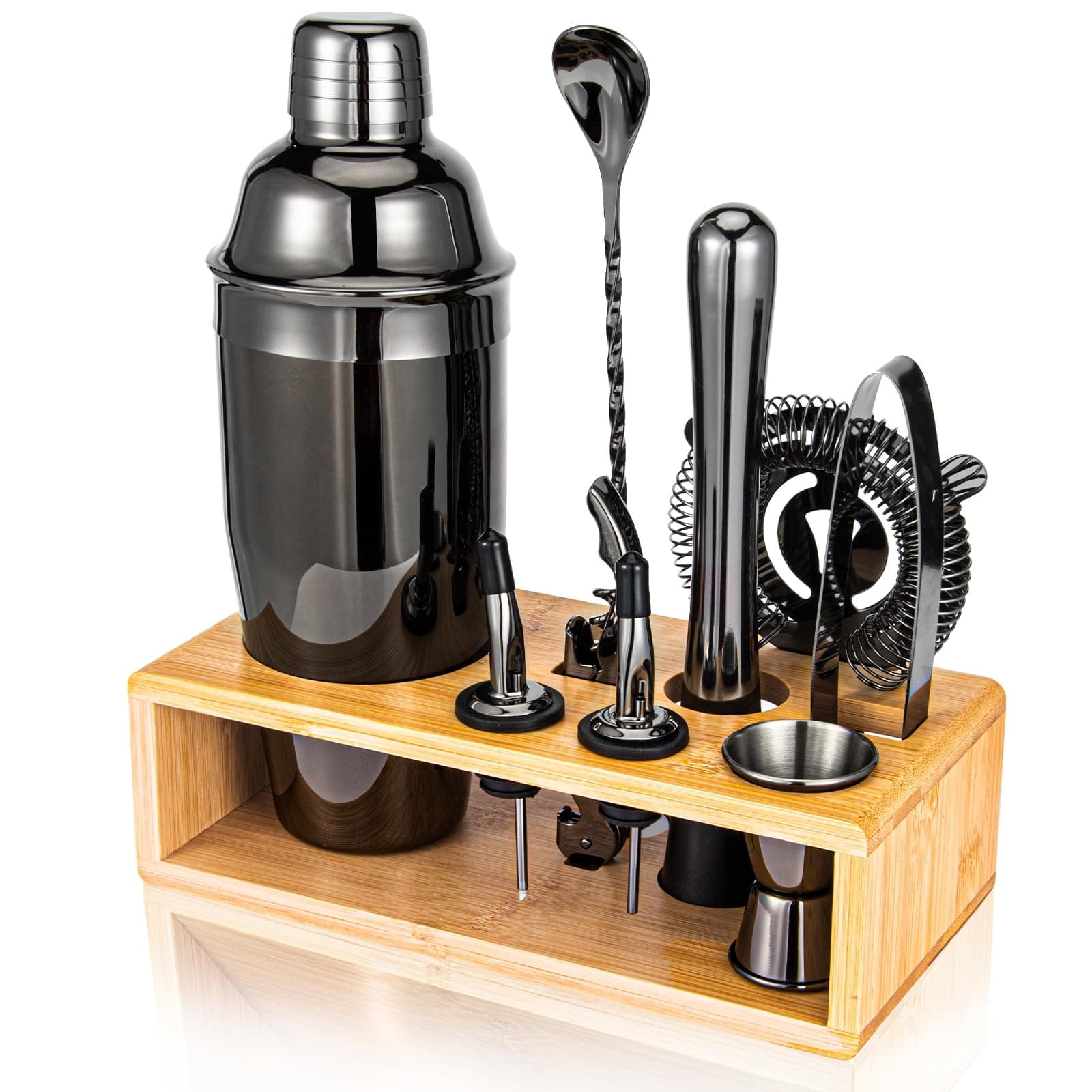 Cocktail Shaker Set, Mixology Bartender Kit 10-Piece Bar Tool Set with Stylish Bamboo Stand, Bar kit: Matini Shaker Mixing Spoon Muddler Jigger Cocksrew for Barware Set | Black