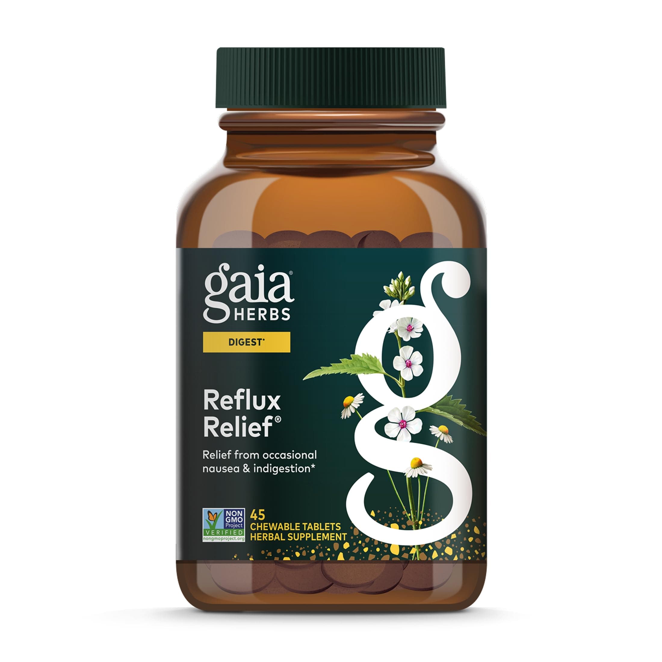 Gaia Herbs Reflux Relief - Digestive Comfort Support Supplement - Aloe Vera, Marshmallow Root, Chamomile, Licorice - Helps with Occasional Heartburn & Indigestion* - 45 Chewable Tablets (45 Servings)
