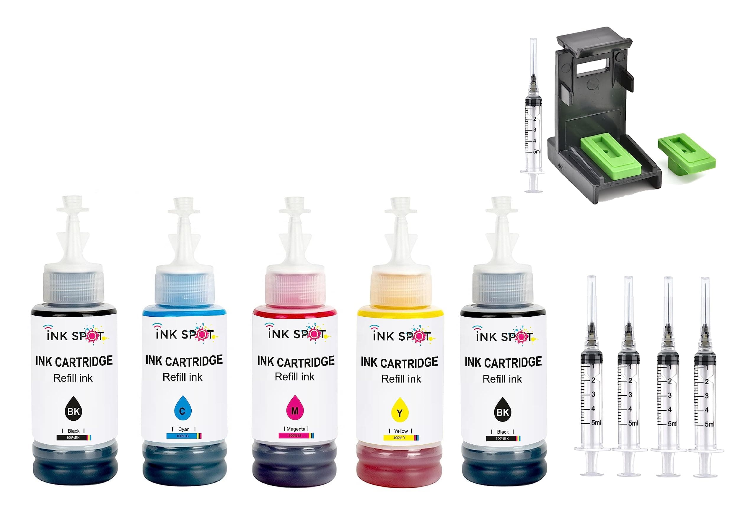 Refill Kit with Suction Tool Combo Pack of High Yield Inkjet Cartridge Ink Refill Compatible for HP and Canon Cartridge Printers - 100ml Per Bottle