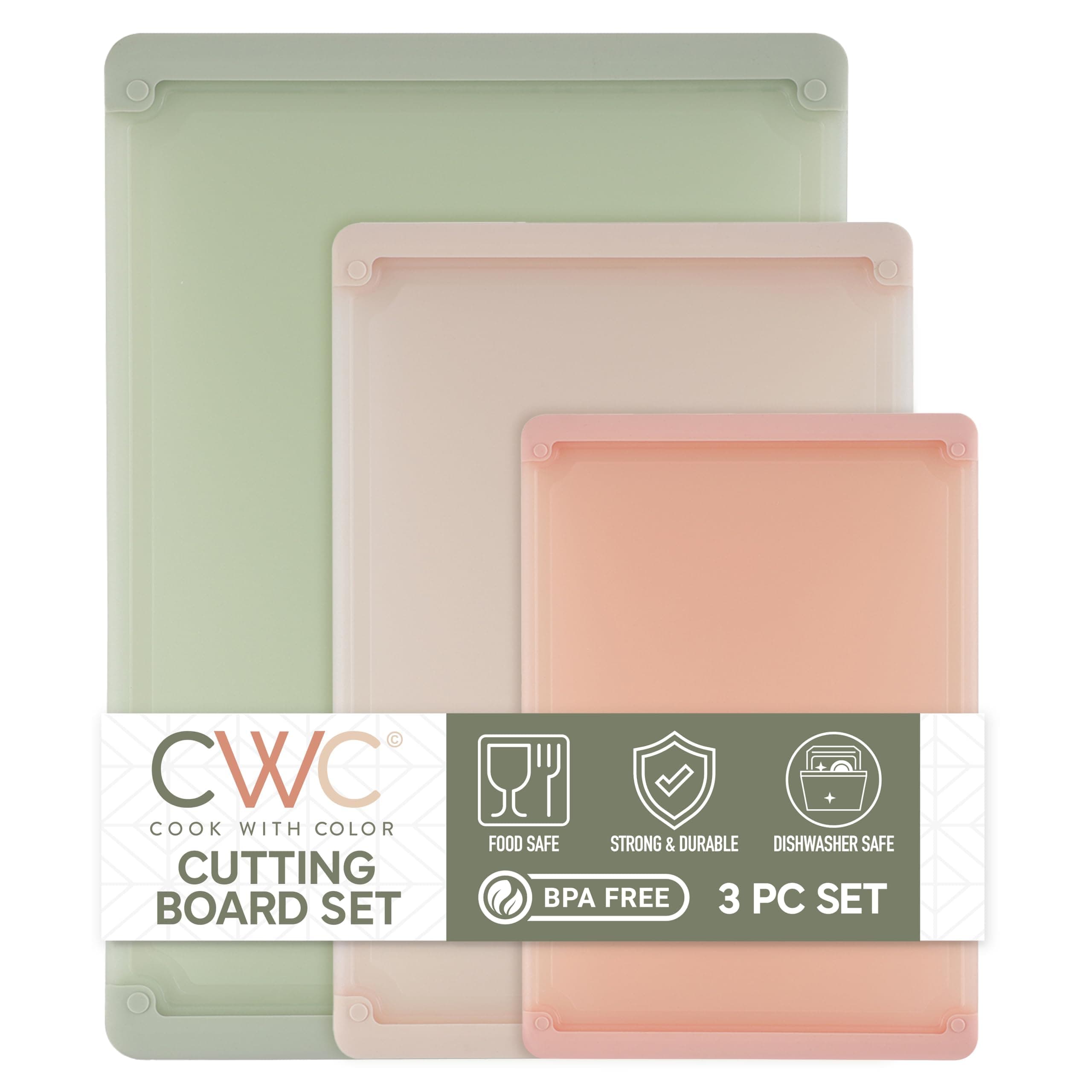 COOK WITH COLOR Extra Large Cutting Board Set, Jumbo-Sized Boards with Rubber Border for Enhanced Cooking Experience, 3-Piece, Sage Pink