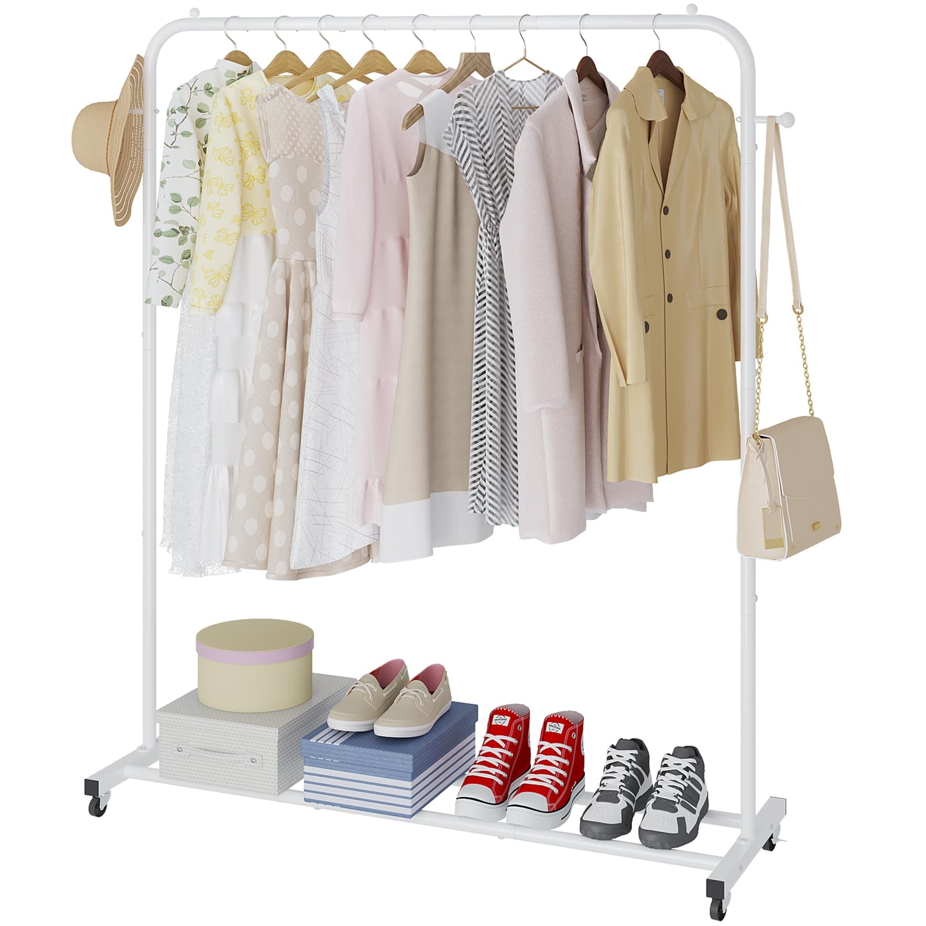 Garment Rack, Clothes Rack With Wheels, Freestanding Simple Single Pole, Coat Rack, Multi-functional Rolling Clothing Storage Rack With 2 Hooks for Bedroom, Laundry Room, Living-room, White