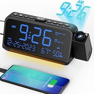 Mesqool Projection Alarm Clock for Bedroom Ceiling, Digital Clock Projector with Weekday/Weekend Mode, Date, Temperature, Humidity, Type-C USB Charger, Snooze, Dual Alarms, Dimmer,12/24H