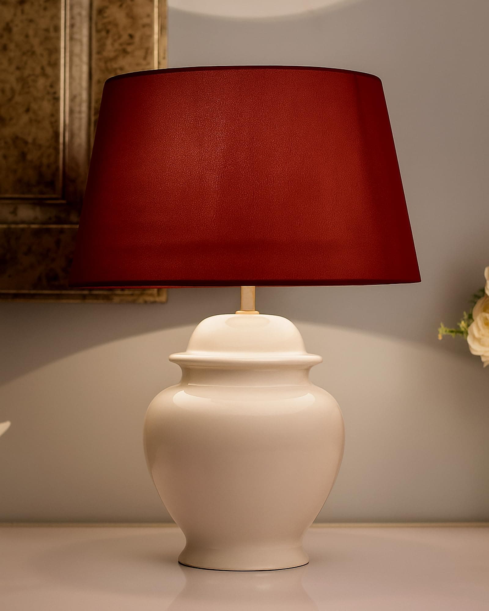 Homesake Antique Ceramic Pot Shaped Base Table Lamp with Shade, Vintage Night Lamp Decoration, Home Decor Items | Pack of 1 -Red