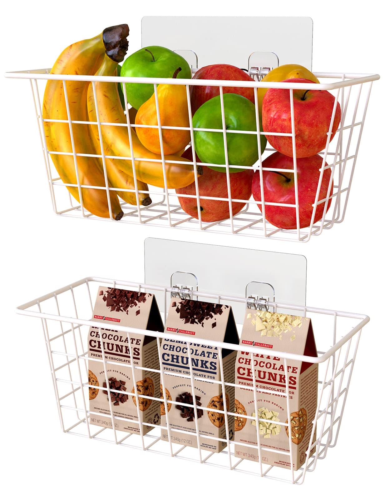 Wall Wire Baskets Bin No Drilling Adhesive Hanging Baskets Wall Mounted for Cabinet & Pantry Organization and Kitchen, Bathroom, Bedroom Storage, 2 Pack, White