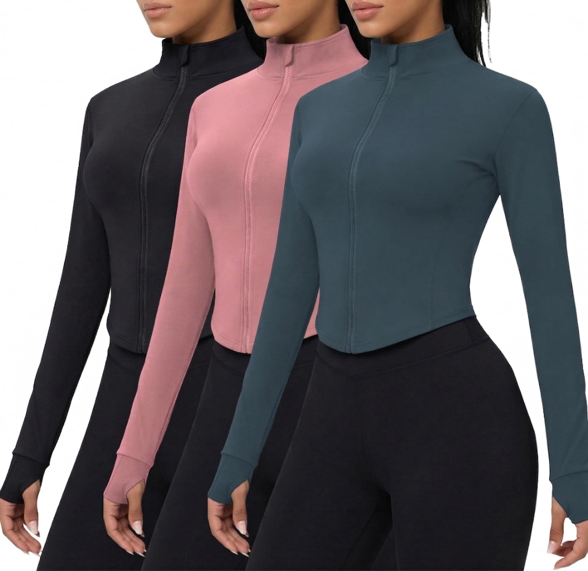 Dalavch 3 Pack Womens Cropped Full Zip up Workout Jacket Slim Fit Running Athletic Gym Yoga Sports Jacket with Thumb Holes