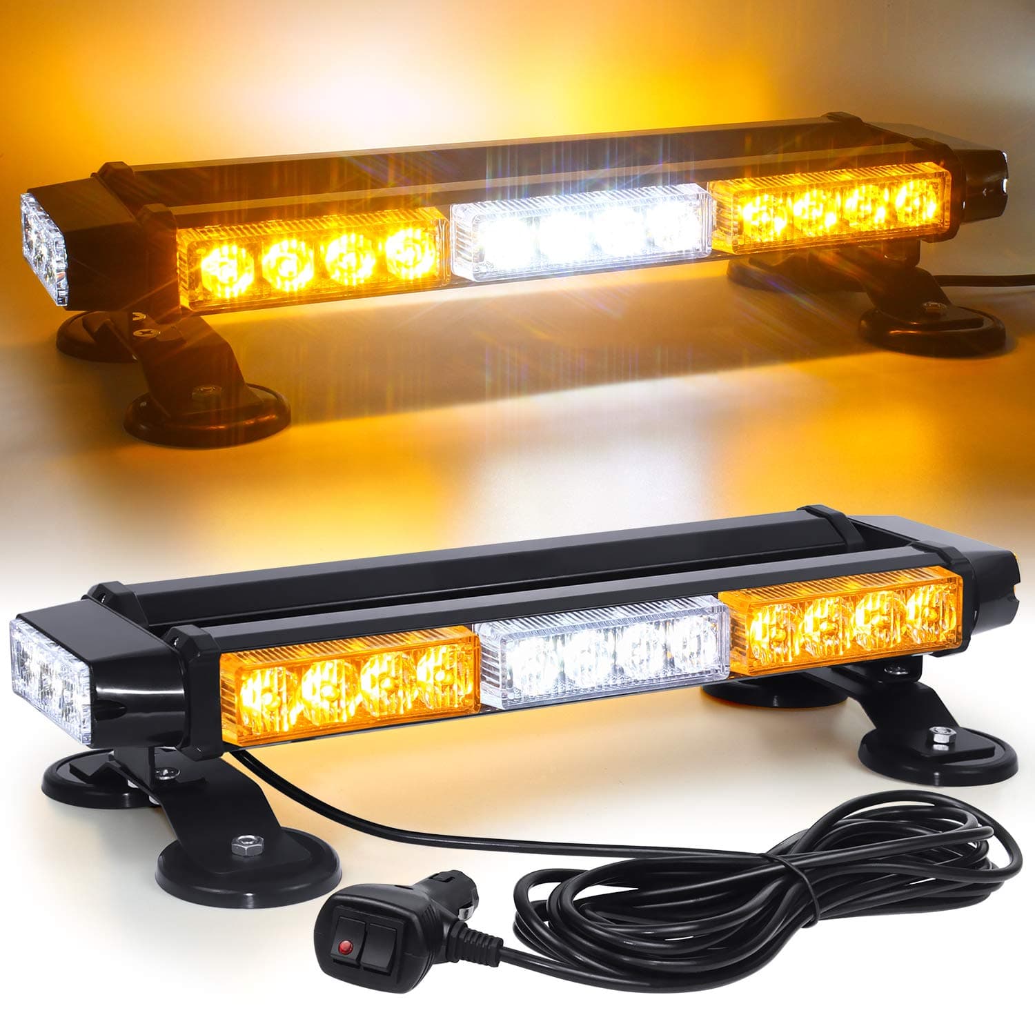 LINKITOM LED Strobe Flashing Light Bar -Double Side 30 LED High Intensity Emergency Hazard Warning Lighting Bar/Beacon/with Magnetic for Vehicle Trucks Roof Safety (Amber&White)