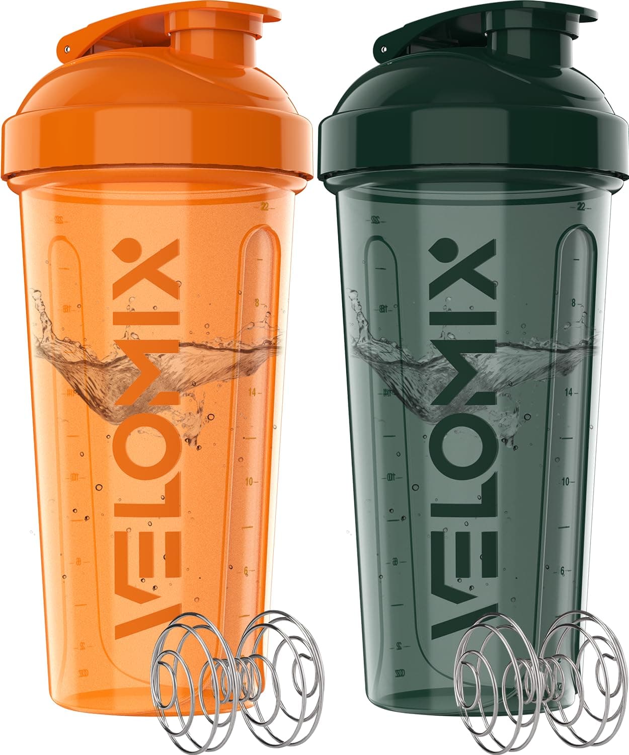2 Pack- 28 oz Protein Shaker Bottles for Protein Mixes - 2x Wire Whisk | Leak Proof Shaker Cups for Protein Shakes | Protein Shaker Bottle Pack | Shakers for Protein Shakes-Green&Orange
