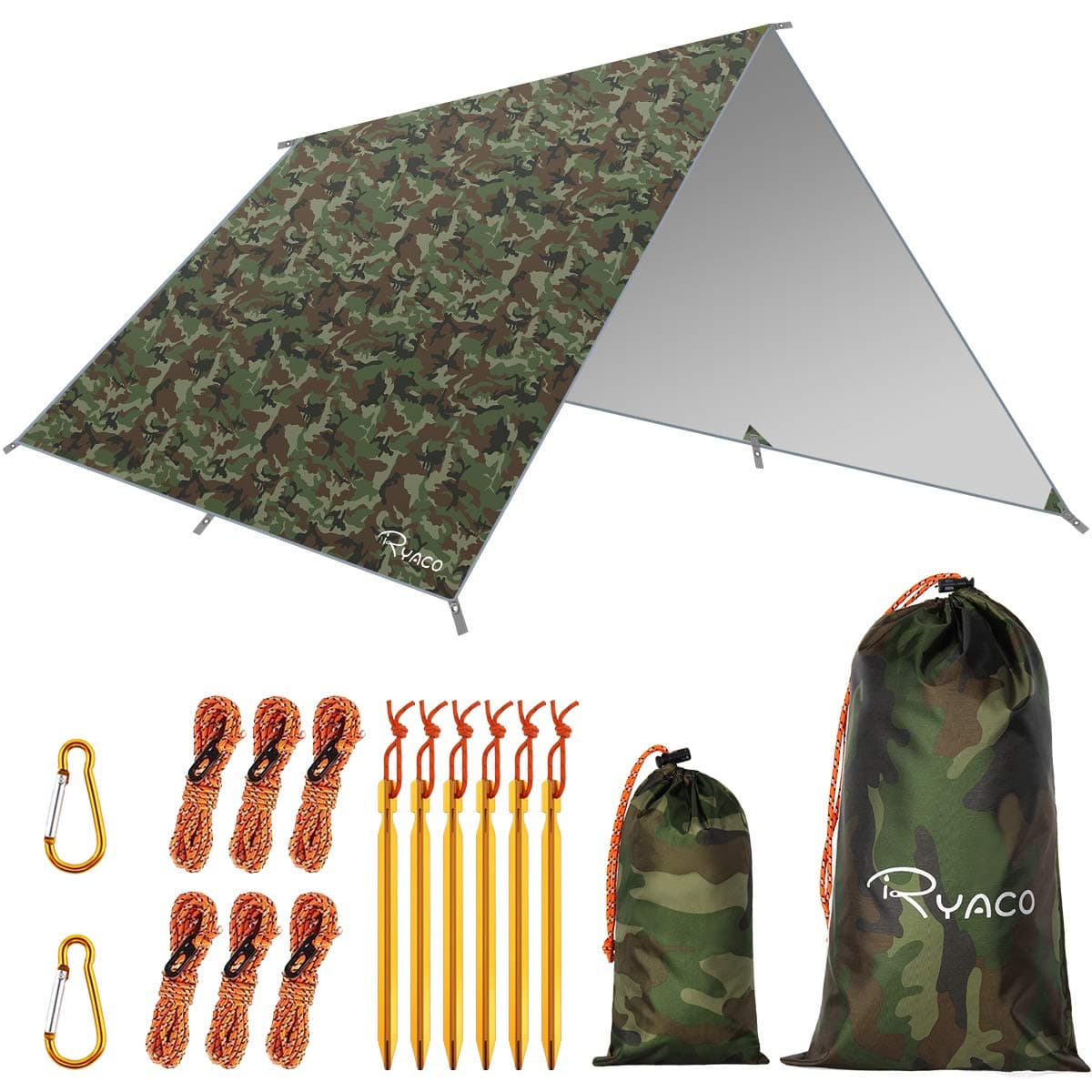 RYACO Hammock Rain Fly Tent Tarp, 3m x 3m Tarpaulin Portable Sunshade Lightweight Waterproof Groundsheet Windproof Camping gazebo Picnic Mat Anti UV Sun Shelter for Camping Travel Beach (Camo No.1)