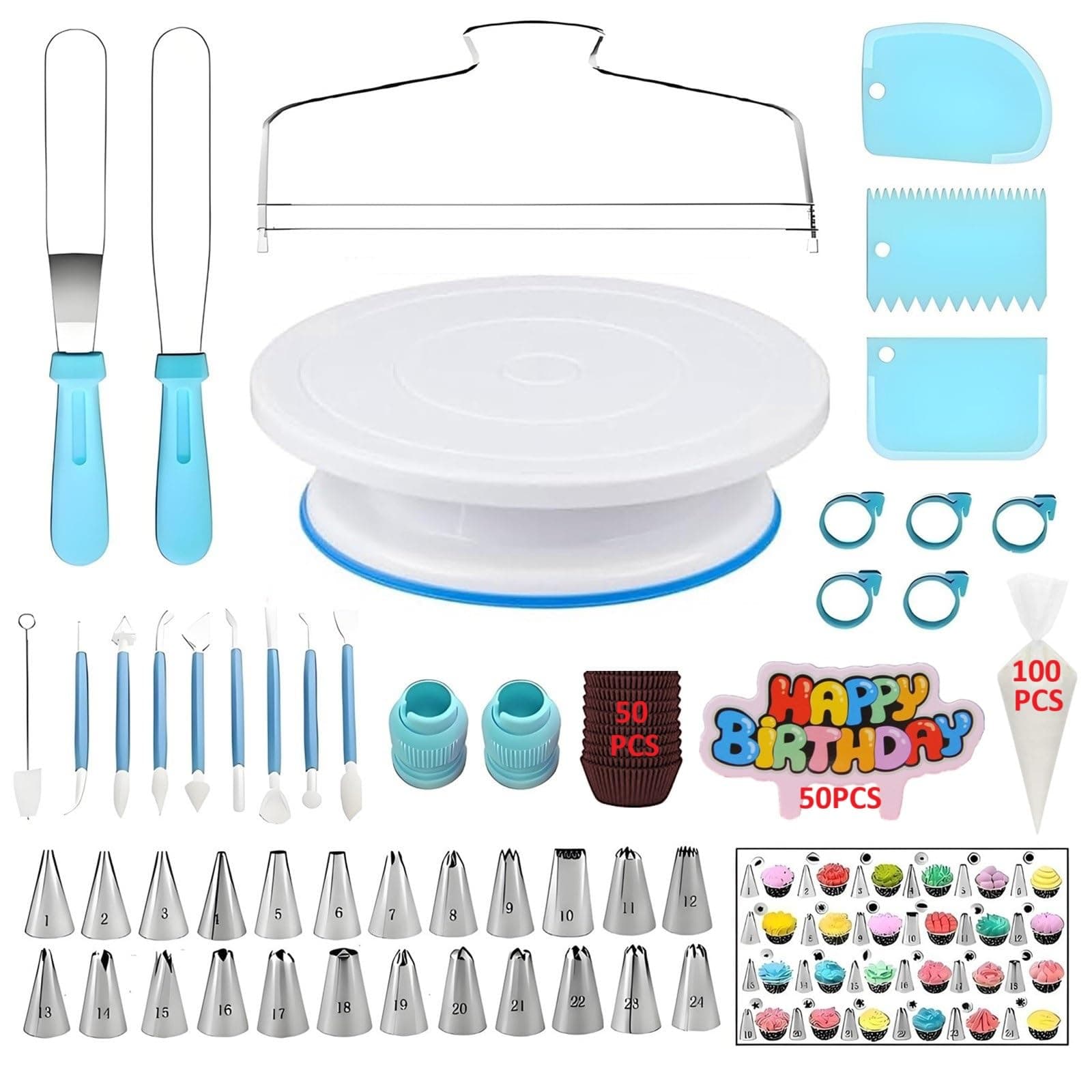 Cake Decorating Kit, 248 Pcs Baking Supplies Tools with Cake Turntable, Leveler, 24 Numbered Icing Tips, 2 Spatulas, 3 Scrapers, 2 Couplers, 50 Cupcake Liners, 100 Pastry Bags & More, (Blue)