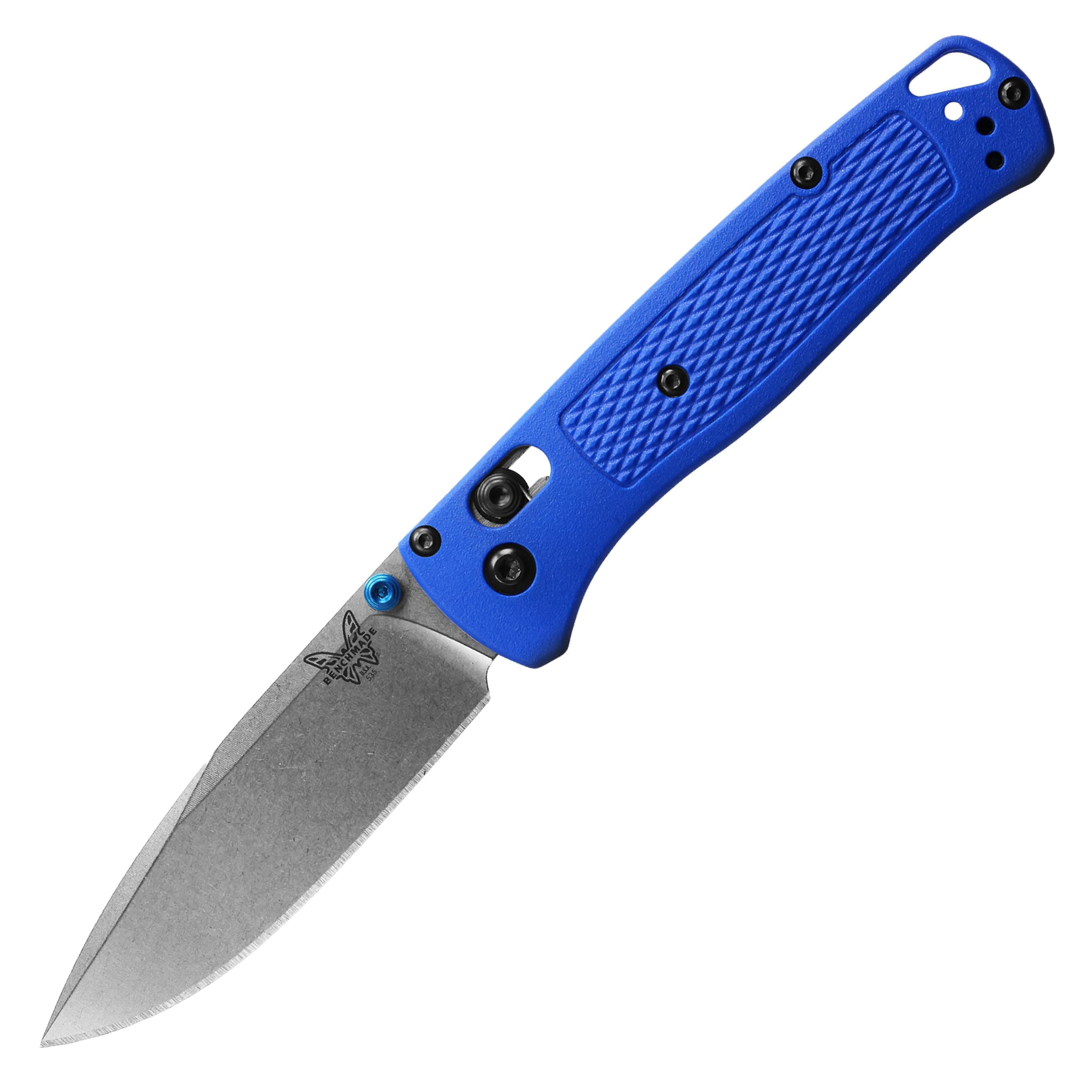 Bugout 535 EDC Manual Open Folding Knife, Drop Point Blade, Plain Edge, Satin Finish, Blue Grivory Handle, Made in USA, Grivory Handle/Benchmade Blue/Plain Edge/Satin Finish