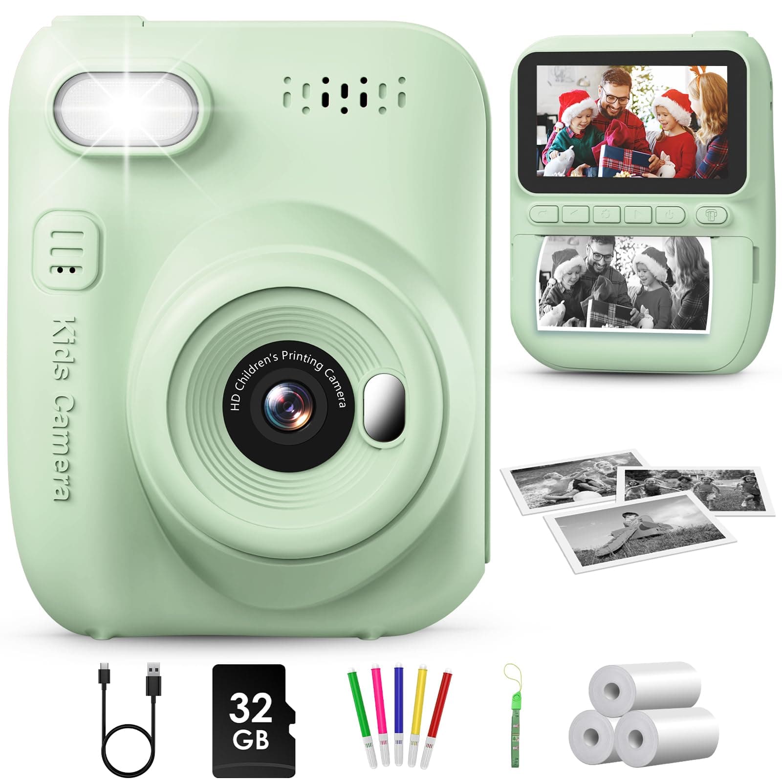 GREENKINDER Kids Camera Instant Print, 3.0'' Large Screen Instant Camera for Kids with 32GB Card & 3 Rolls Print Paper, 1080P Kids Selfie Digital Cameras, Gift Toy for Boys Girls 3-12 Years Old, Green