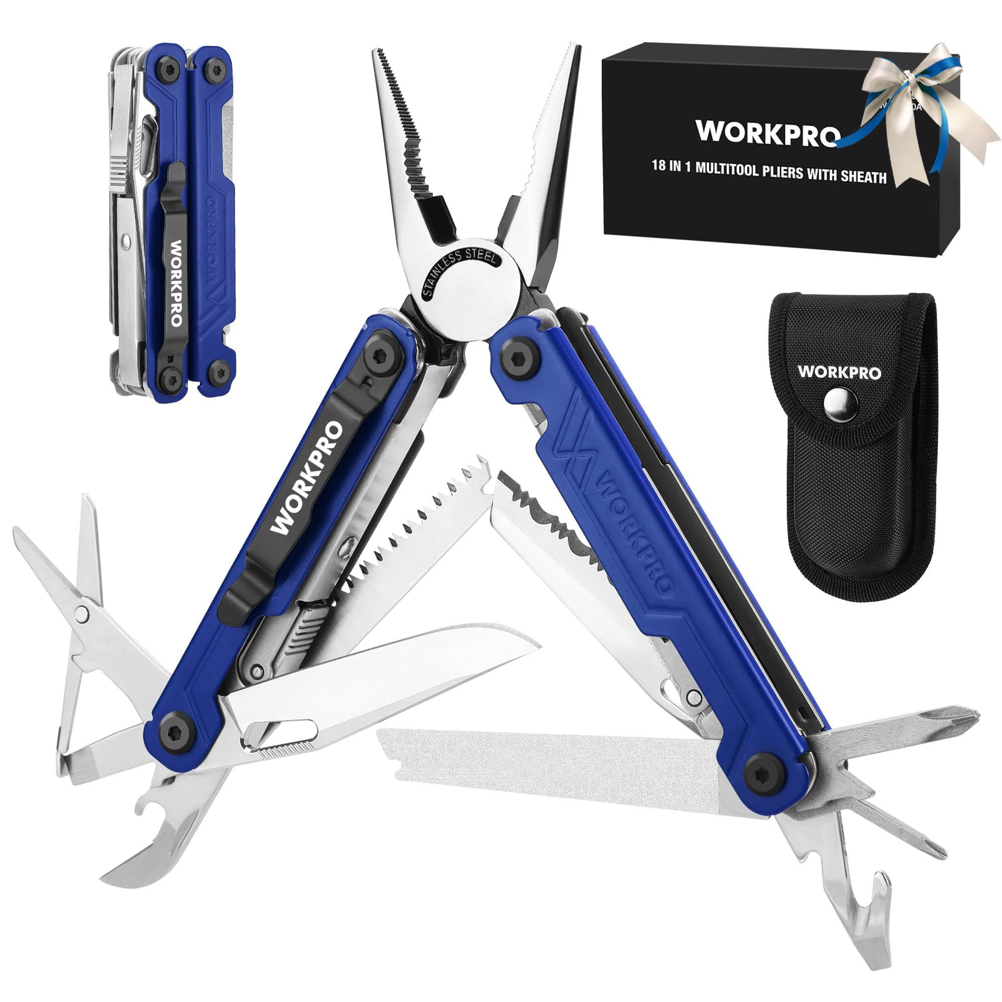 18-in-1 Multi Tool Pliers, Gifts for Dad, Stainless Steel EDC Multitool with Pocket Knife, 2 Safety Locks, Belt Clip and Oxford Pouch, Multipurpose Utility Multiuse Tool for Outdoor Activities