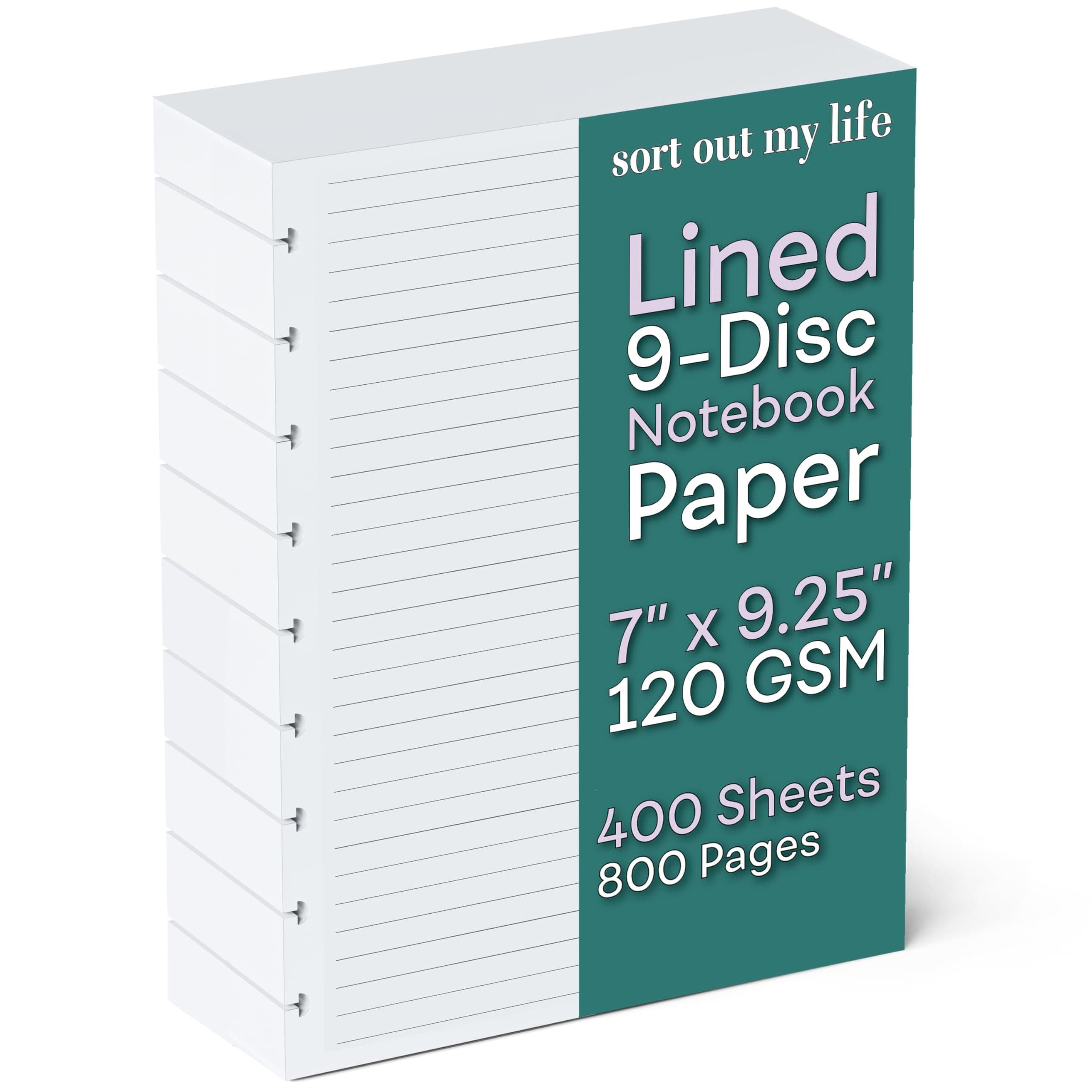 Discbound Lined 120 GSM Refill Paper, 400 Sheets (800 Pages), 9 Disc Pre-Punched Happy Planner Inserts, Loose Leaf, White (400-Sheet)