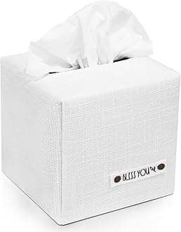 Stylish Tissue Box Cover - This White Linen Holder Instantly Covers Your Square Tissue Boxes - The Perfect Cube Cover for Your Bathroom and Home