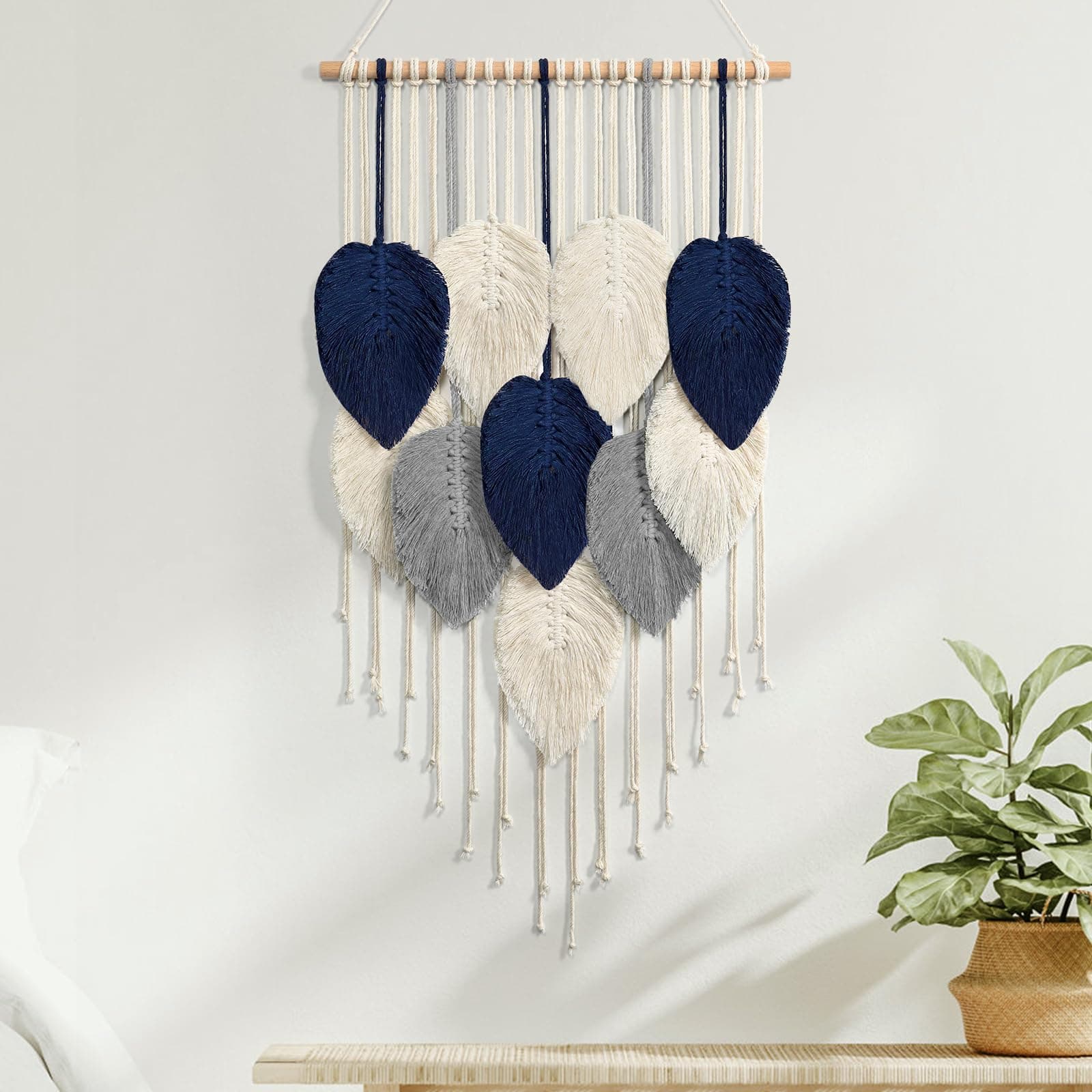 Weldomcor Macrame Wall Hanging Leaf Woven Tapestry Bohemian Chic Wall Hanging Feather Large Handmade Wall Art Decor for Bedroom Living Room Apartment Ornament 16.5"x29.5"