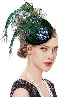Peacock Feather Fascinator Hats for Women Headband Clip Crystal Deco 1920s Flapper Feather Pillbox Hat Costume Headpiece Green