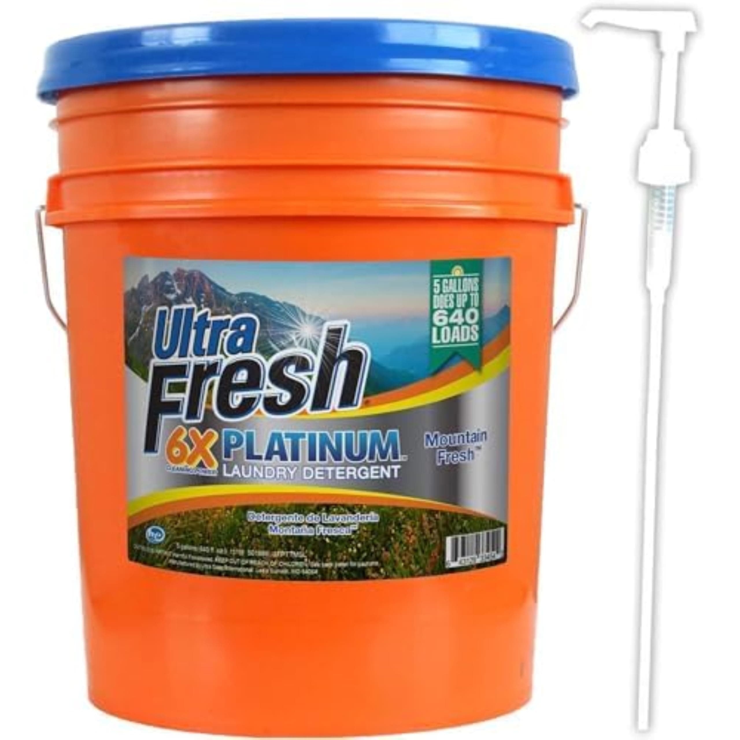 Ultra Fresh6X Platinum Laundry Detergent Liquid for All Machine Types with Easy Dispensing Pump, 5 Gallon, Mountain Fresh
