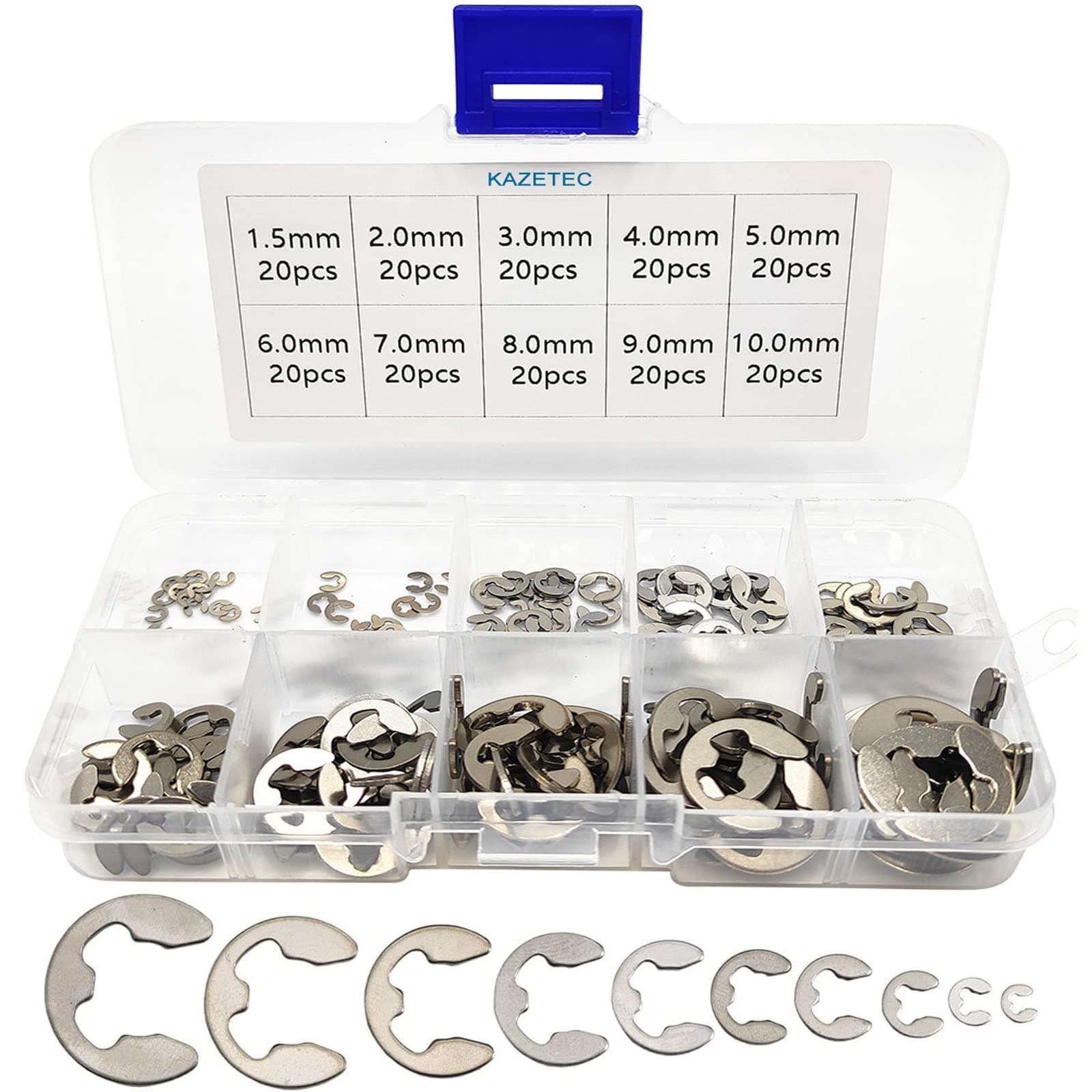 200 Pcs 304 Stainless Steel Opening Snap Ring, E-Clip External Retaining Circlip Assortment Kit