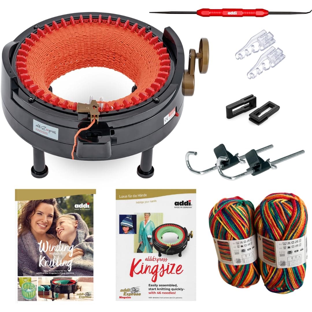 New Improved Version Of addi Express Kingsize Extended Starter Kit With New Improved Mechanical Row Counter. Knitting Machine, 2 Pattern Books, Hook, Replacement Needles, Stopper, Yarn