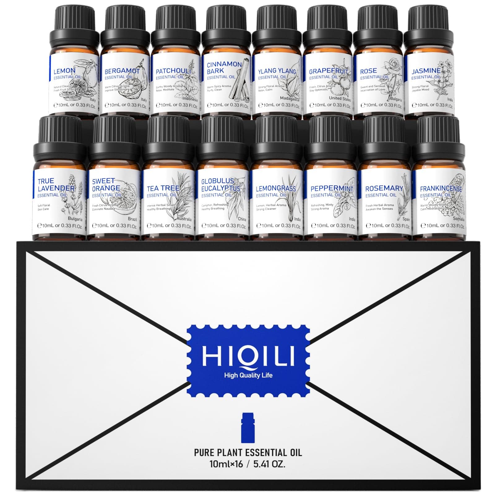 HIQILI Essential Oils,Top 16 Diffuser Oil Gift Set-10ML*16 Pack for Aromatherapy Home,Candle Making Scents,Skin Care,Hair Care