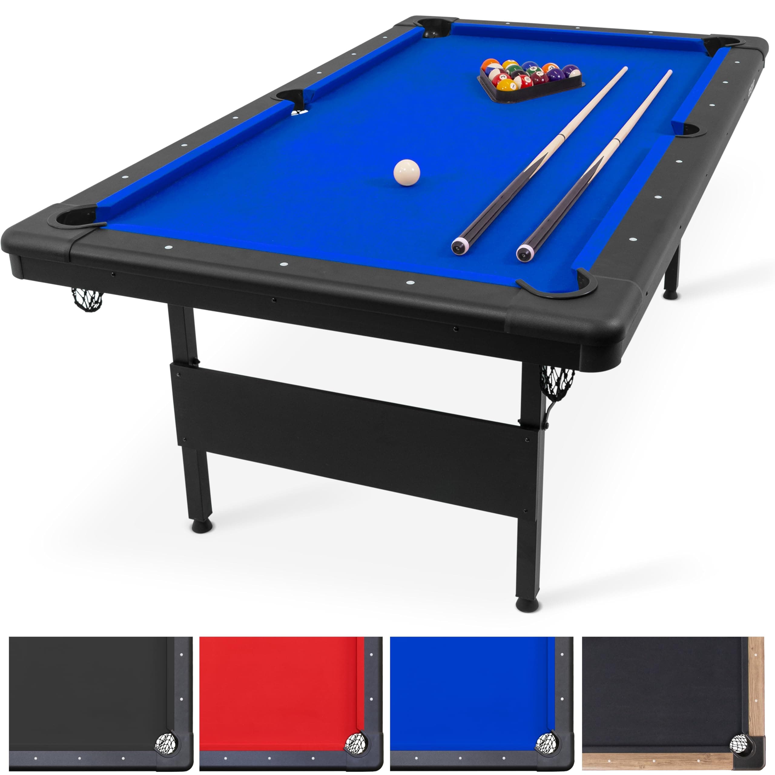 GoSports 7 ft Billiards Table - Portable Pool Table - Includes Full Set of Balls, 2 Cue Sticks, Chalk, and Felt Brush - BLUE