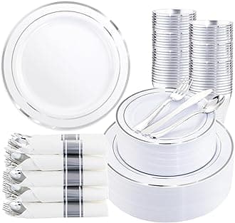 350Piece Silver Plastic Dinnerware Set for 50 Guests - Silver Plastic Plates with Cutlery Include:50Dinner Plates-50Dessert Plates-50Pre Rolled Napkins with Silverware Party Wedding