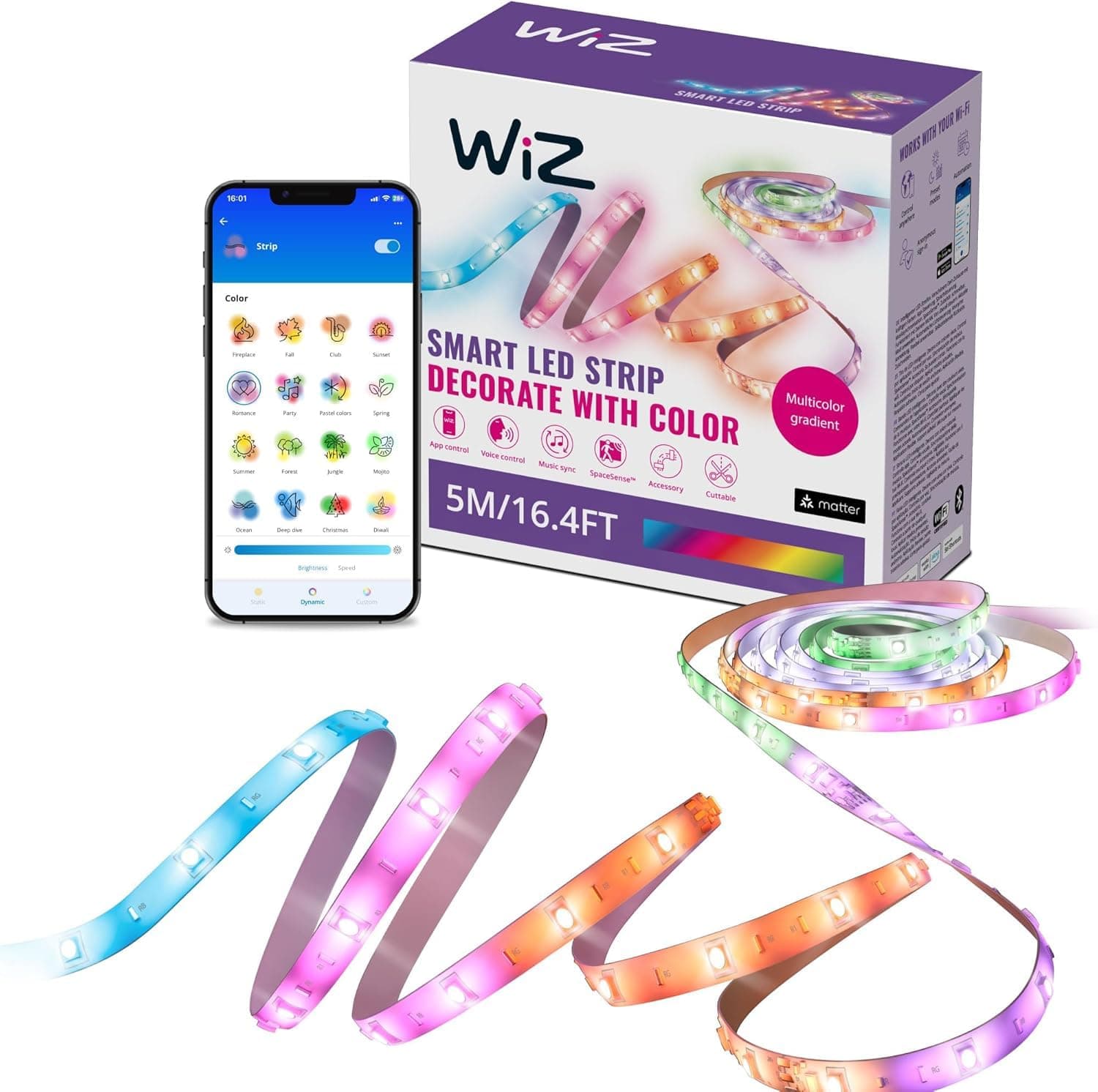 WiZ Connected 16.4 ft LED Light Strip For Your Smart Home, Flowing Multicolor LED Lights, Color-Changing RGBIC Lighting, Cuttable, Voice/App Control, Works with Google Home, Alexa and HomeKit