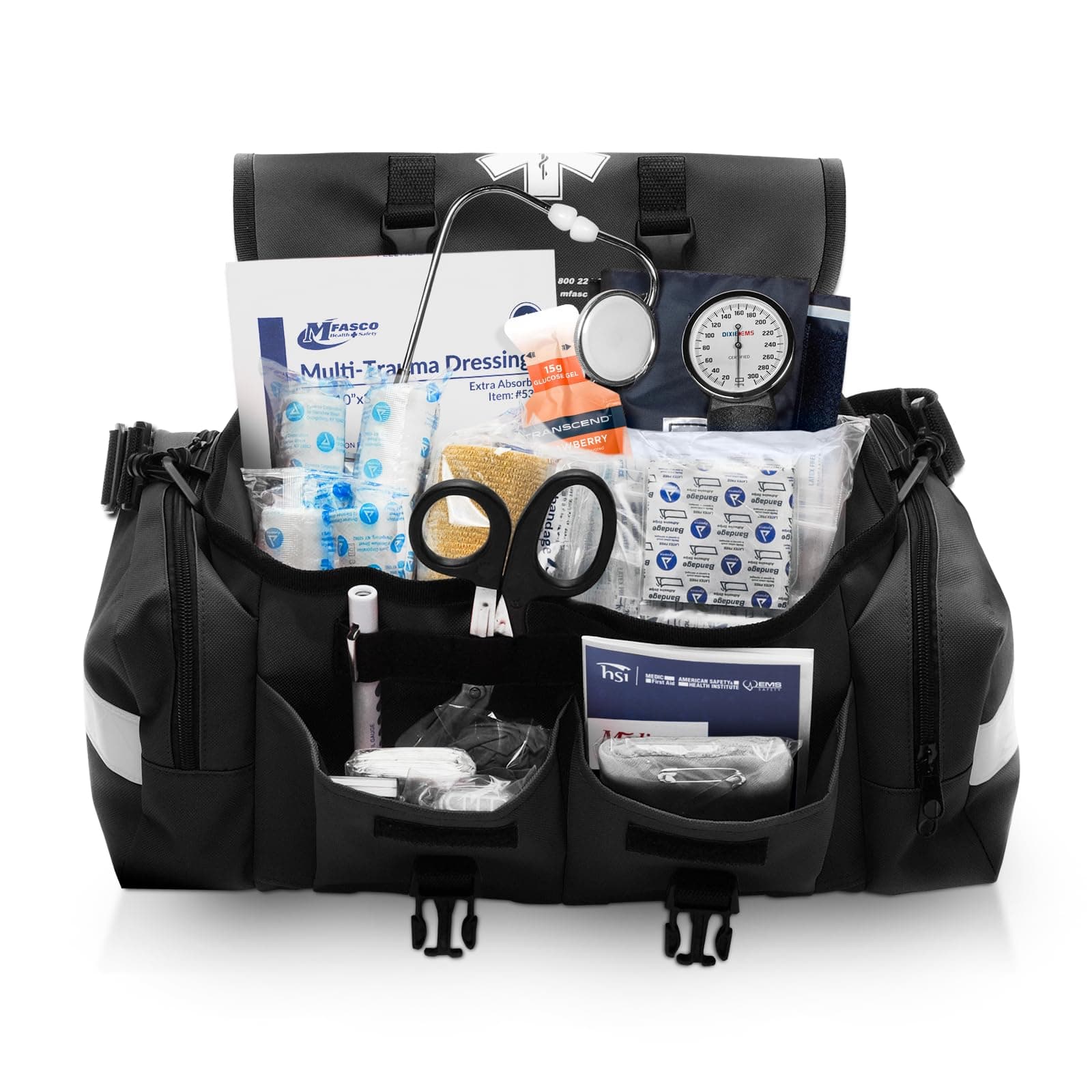 MFASCO Complete Emergency Response First Aid Kit Trauma Bag - 415 Piece Fully Stocked Supplies for Disaster Preparedness | for Business, Schools, Organizations, Groups, Home Safety (Reflective Black)