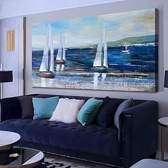 Ardemy Blue Abstract Canvas Wall Art for Living Room Sailboat Extra Large Wall Decor Painting Picture Bedroom Textured Nautical Navy Blue Seascape Artwork Art for Home Office,58"x29"