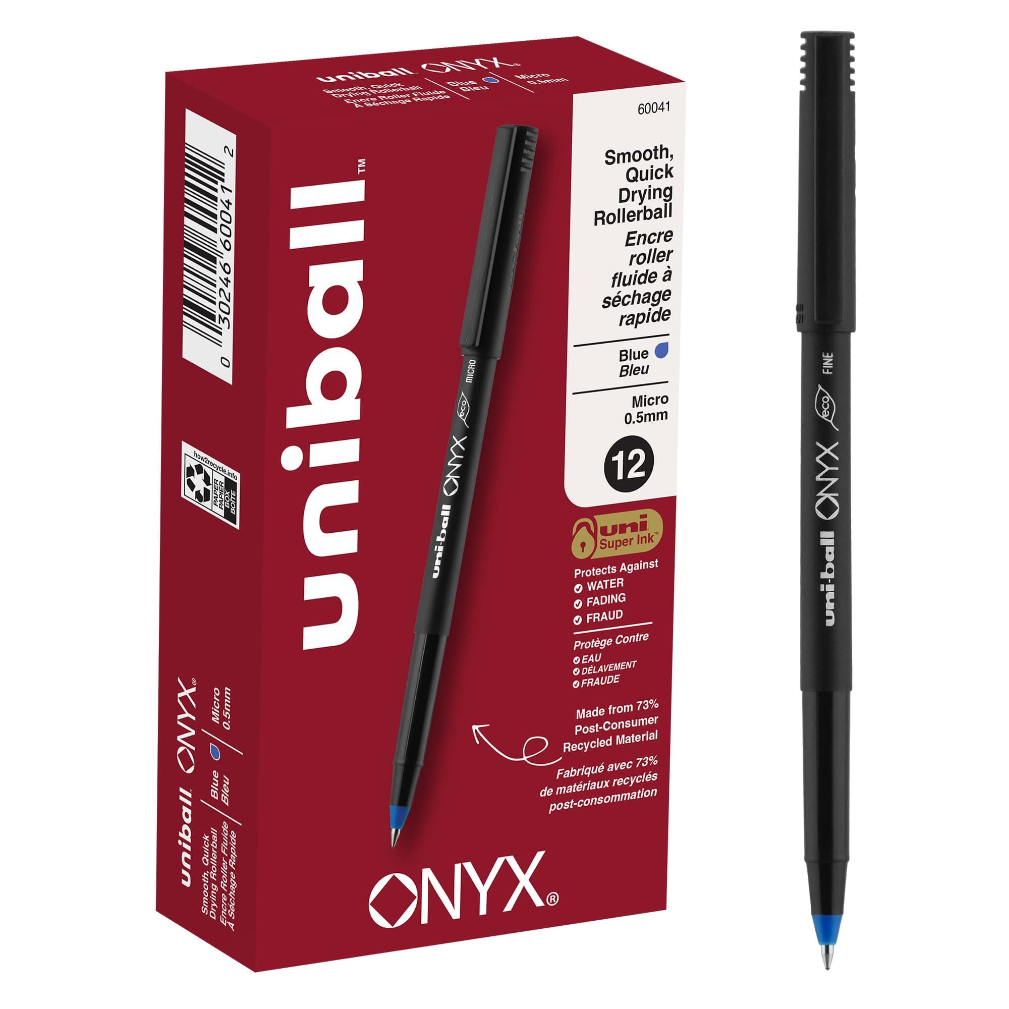 Uni-Ball® Onyx® Rollerball Pens, Micro Point, 0.5 mm, Black Barrel, Blue Ink, Pack Of 12